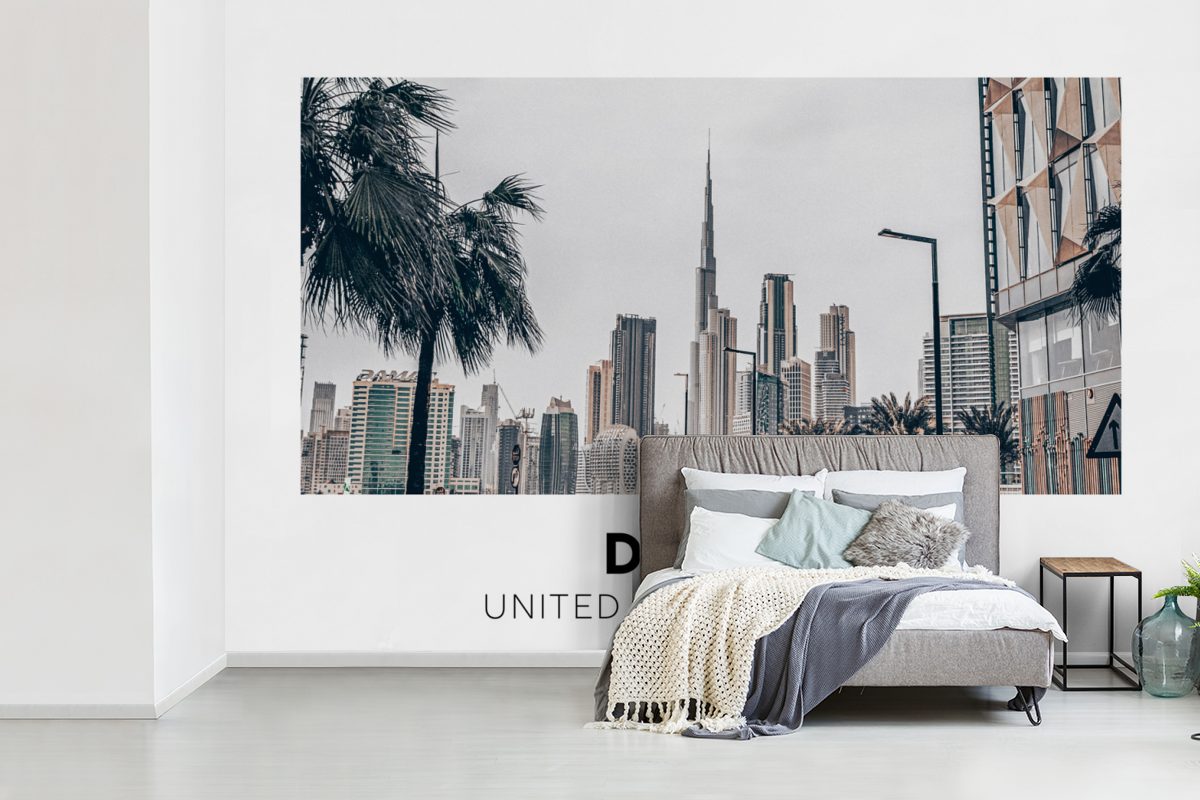 MuchoWow Fototapete Schlafzimmer, St), Matt, Dubai Skyline Palme, für Kinderzimmer, Wohnzimmer, - bedruckt, - Vinyl Tapete (6 Wallpaper