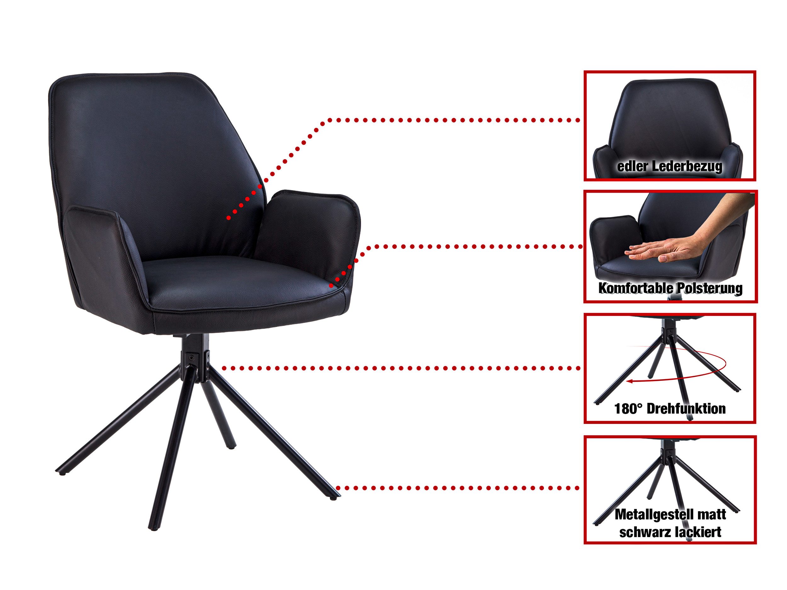 Massivart® Polsterstuhl Echtleder drehbar 180 Grad / Esszimmerstuhl »COVELO«, mit Nivellierung · Metallgestell schwarz matt