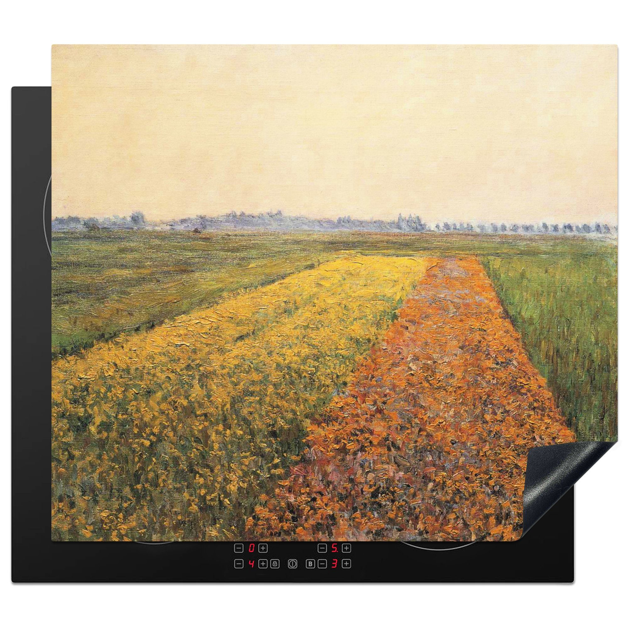 MuchoWow Herdblende-/Abdeckplatte Die gelben Felder bei Gennevilliers - Gemälde von Gustave Caillebotte, Vinyl, (1 tlg), 60x52 cm, Mobile Arbeitsfläche nutzbar, Ceranfeldabdeckung