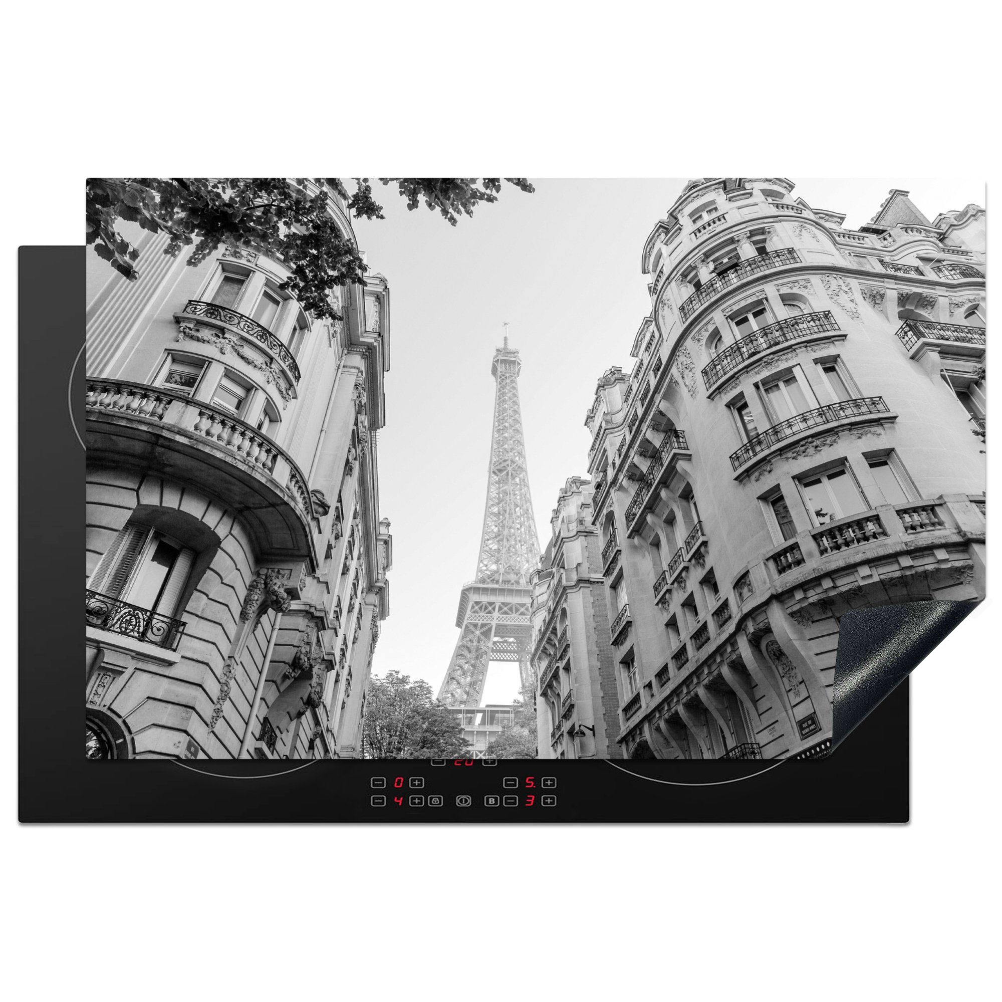 MuchoWow Herdblende-/Abdeckplatte Frankreich - Schwarz - Weiß - Eiffelturm, Vinyl, (1 tlg), 81x52 cm, Induktionskochfeld Schutz für die küche, Ceranfeldabdeckung