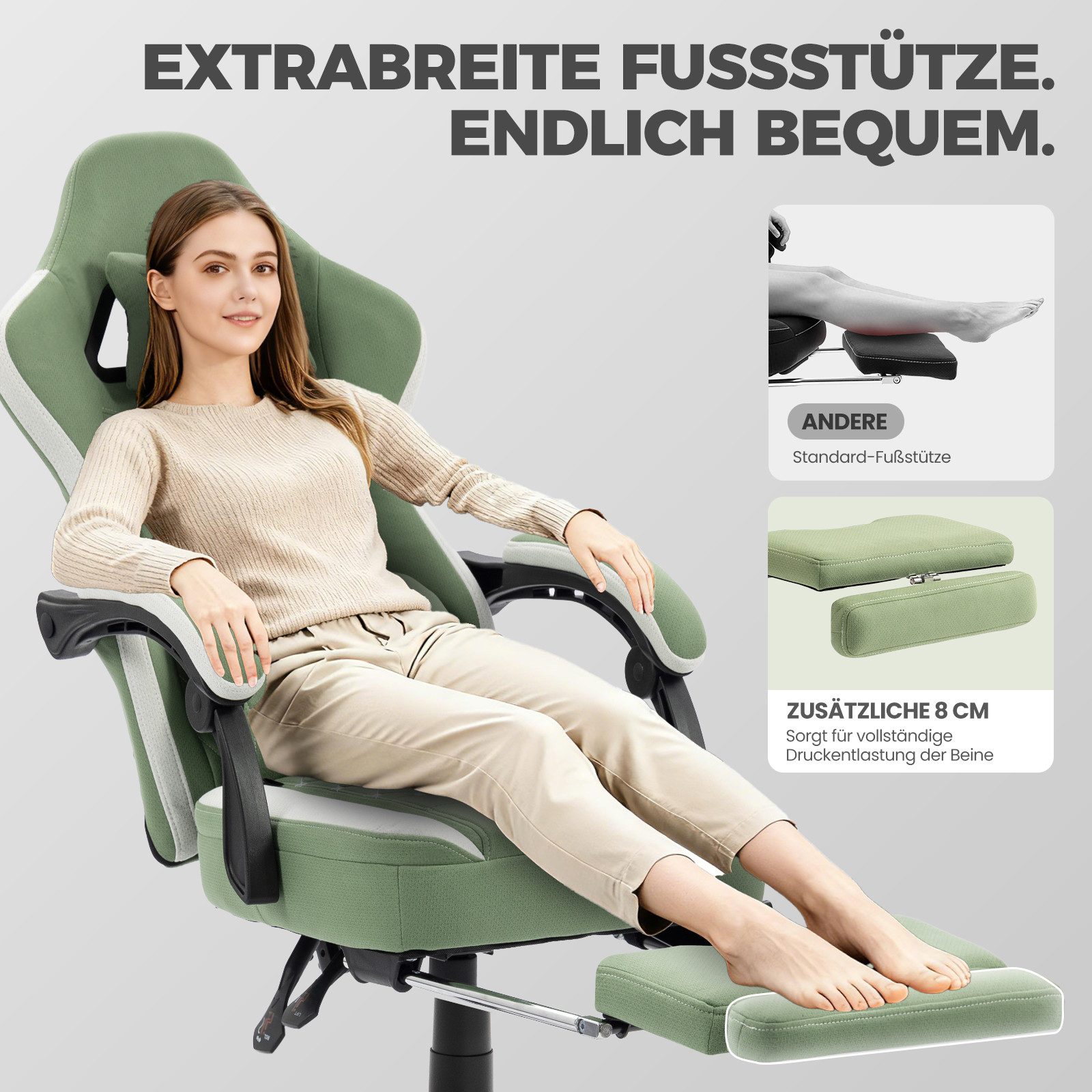 Dowinx Gaming-Stuhl Stoff mit Taschenfederkissen, Gaming Sessel mit Fußstütze, Ergonomischer Bürostuhl – Bild 5 von 5