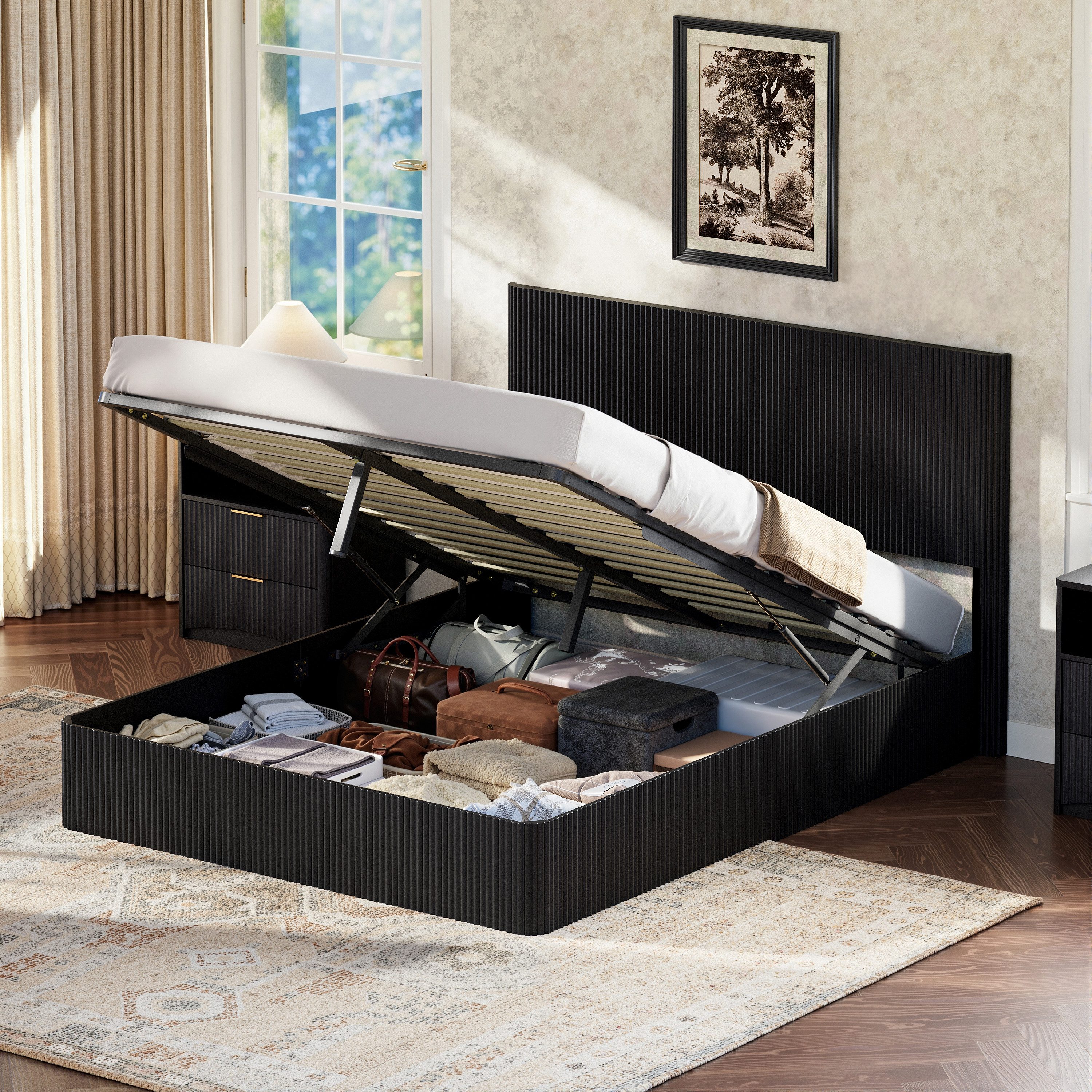 OKWISH Stauraumbett Jugendbett Funktionsbett (mit hydraulischem Lift-System und Rillenoptik, großer Stauraum, stabile Latten, Kinderbett 160x200 cm), ohne Matratze