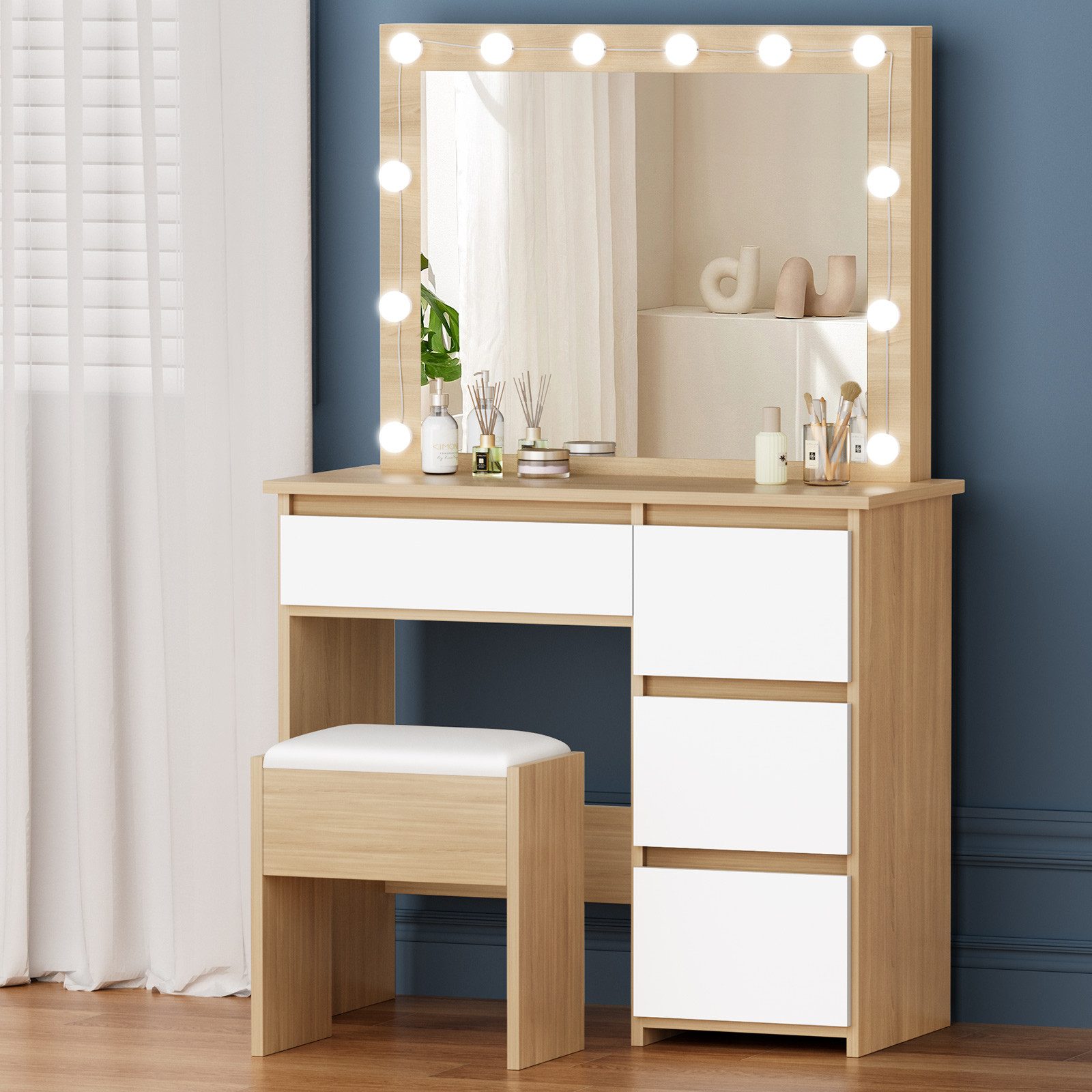 ALFORDSON Schminktisch mit Spiegel, 4 Schubladen & Aufbewahrungshocker, LED-Beleuchtung (Schminktisch-Set für Damen- und Mädchenschlafzimmer, 1-St), 90 cm lange Schreibtischplatte