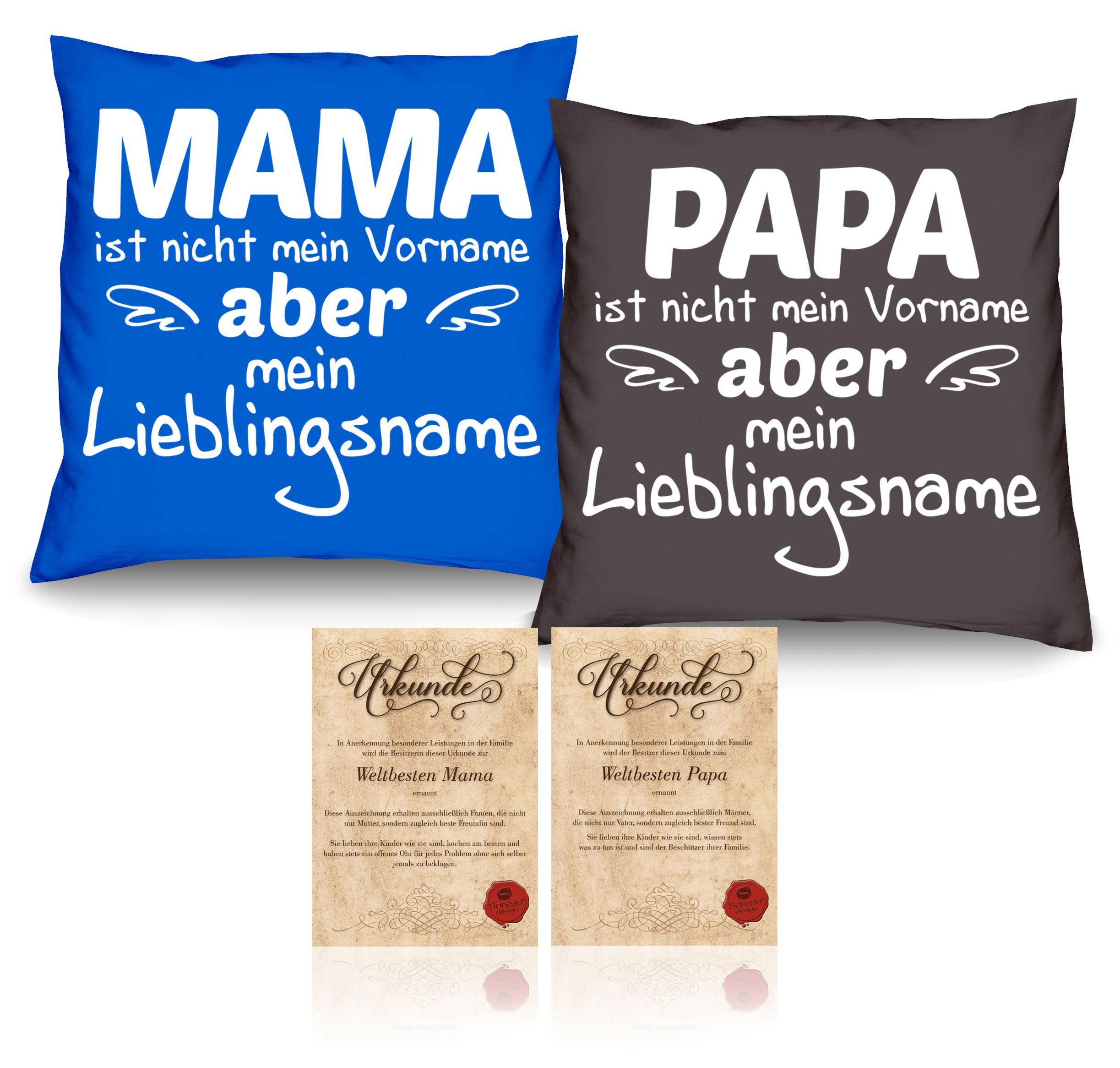 Soreso® Dekokissen Kissen-Set Mama Lieblingsname Papa Lieblingsname mit Urkunden, Geschenk Vatertag Muttertag anthrazit