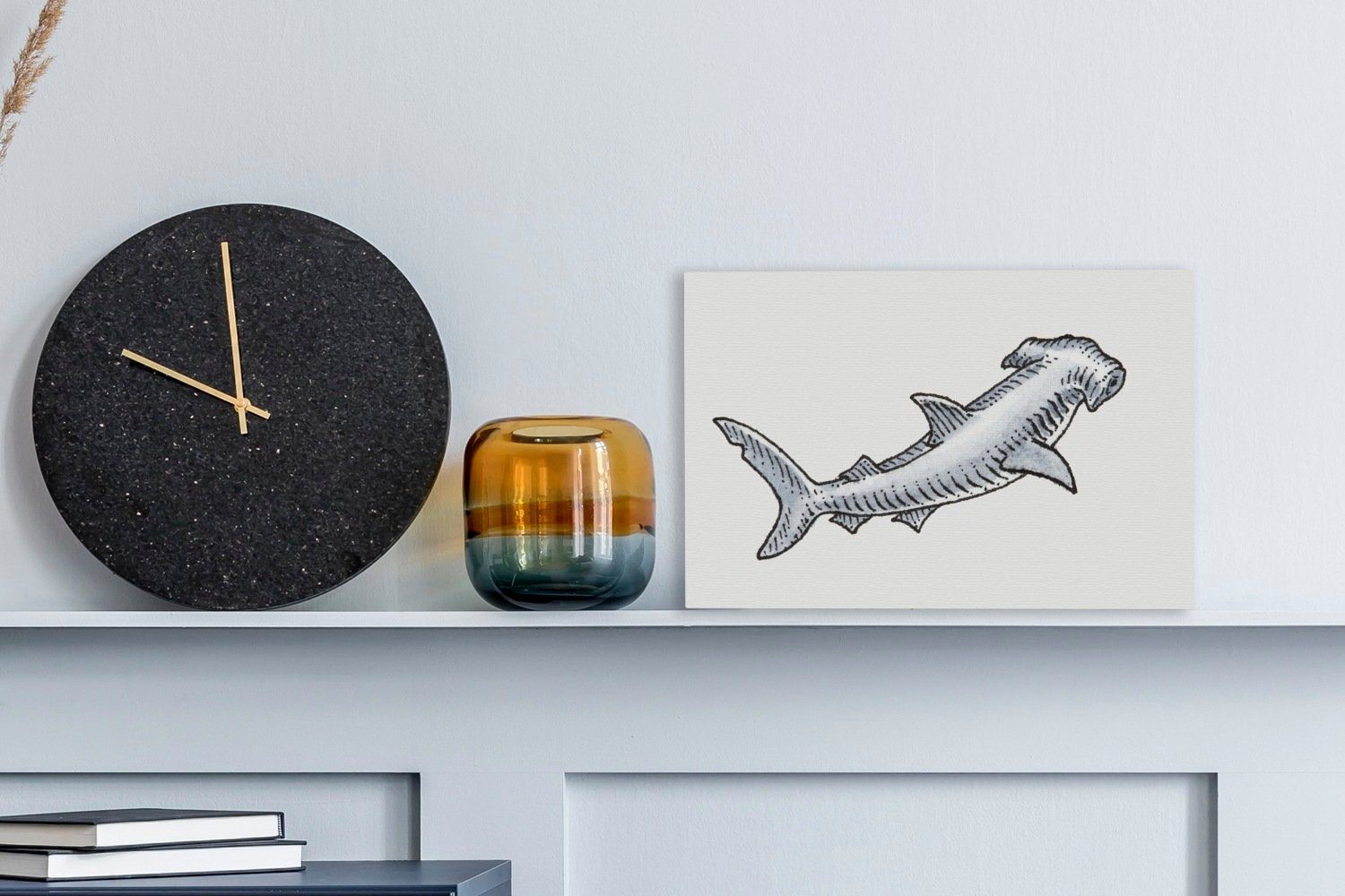 Aufhängefertig, St), (1 eines Hammerhais, Wanddeko, Wandbild Eine cm Leinwandbilder, 30x20 Leinwandbild Illustration OneMillionCanvasses®