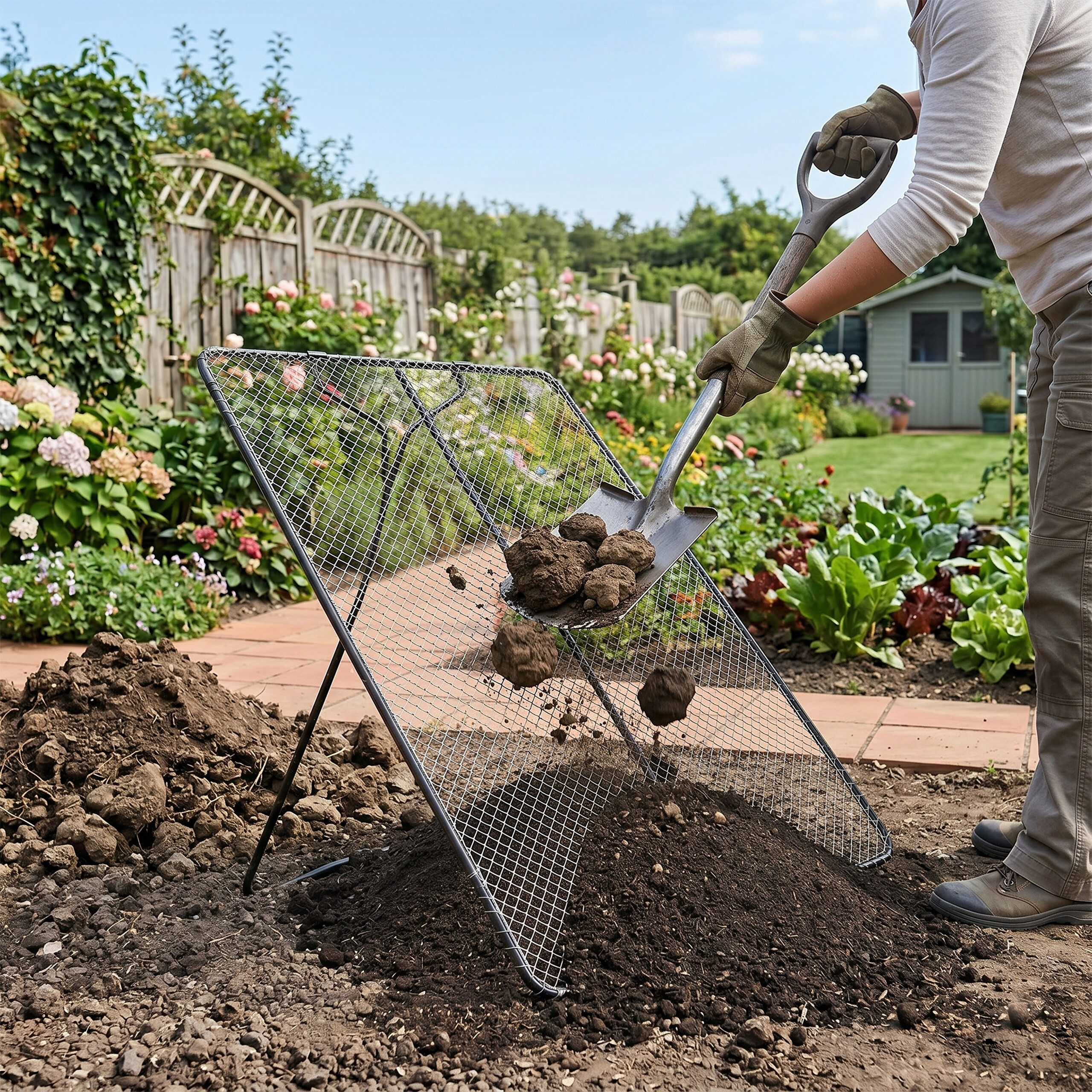 relaxdays Gartensieb Durchwurfsieb 100 x 80 cm, Stahl, (1-St), anthrazit., 20 x 20 mm – Bild 3 von 5
