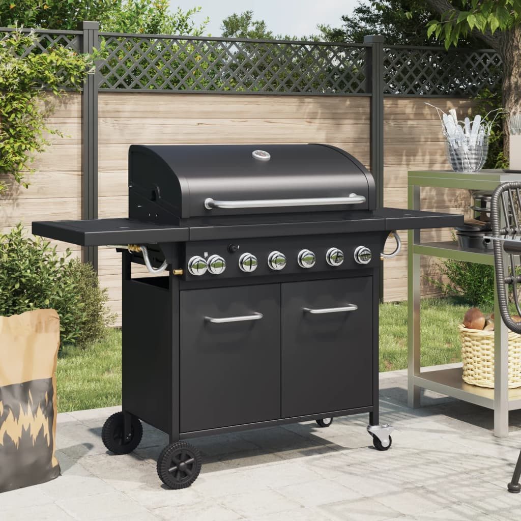 vidaXL Gasgrill Gasgrill mit 7 Flammen Schwarz Pulverbeschichteter Stahl