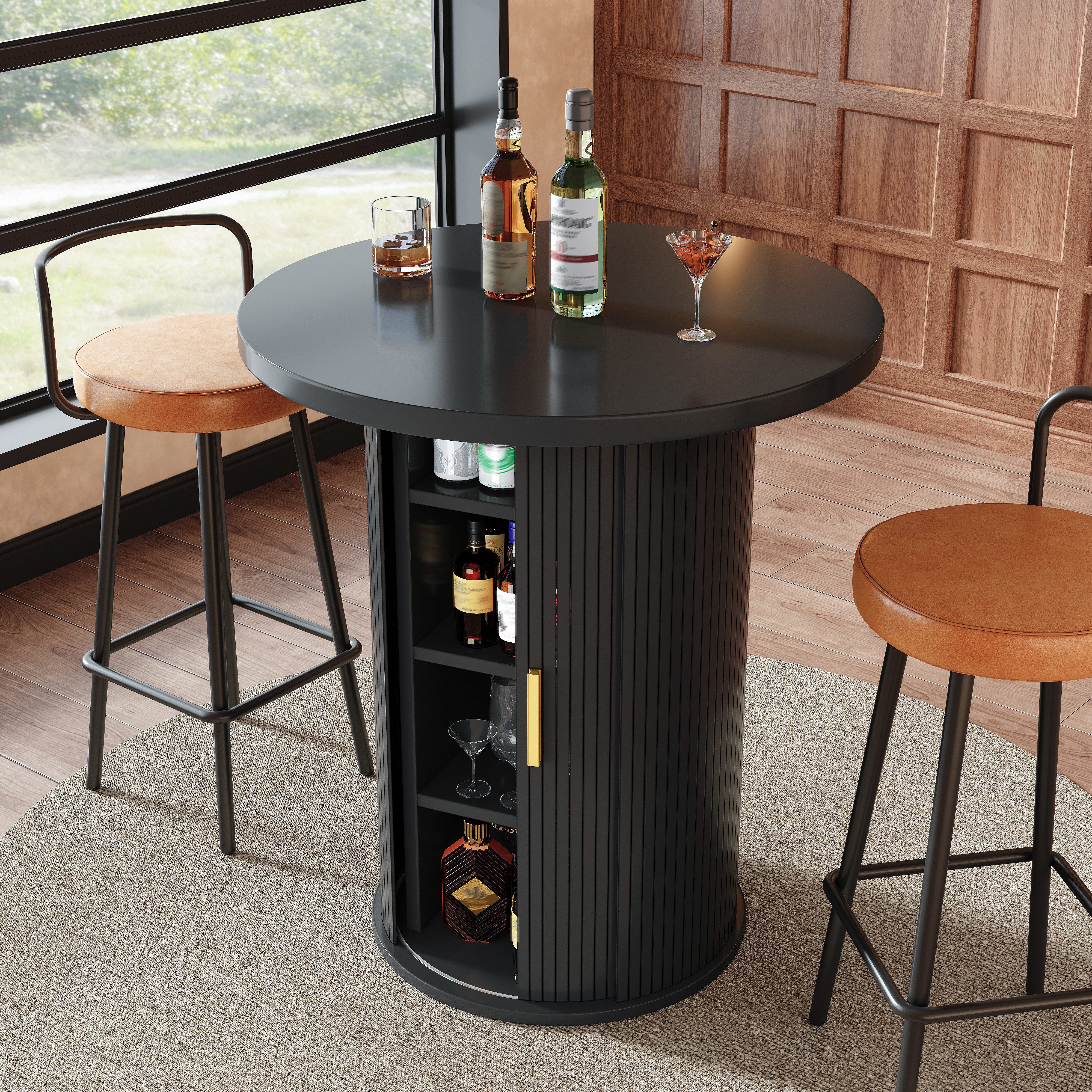 STILVORA Bartisch Runder Aufbewahrungsschrank hoher Stehtisch Esstische in Schwarz (MDF-Holzoptik, 91,6cm Höhe, runde Form mit Metallgriffen, 4-stufiger Stauraum, Schiebetür, belastbar bis 75kg robust), Für Wohnzimmer, Hausbar, Partyraum und offene Wohnbereiche