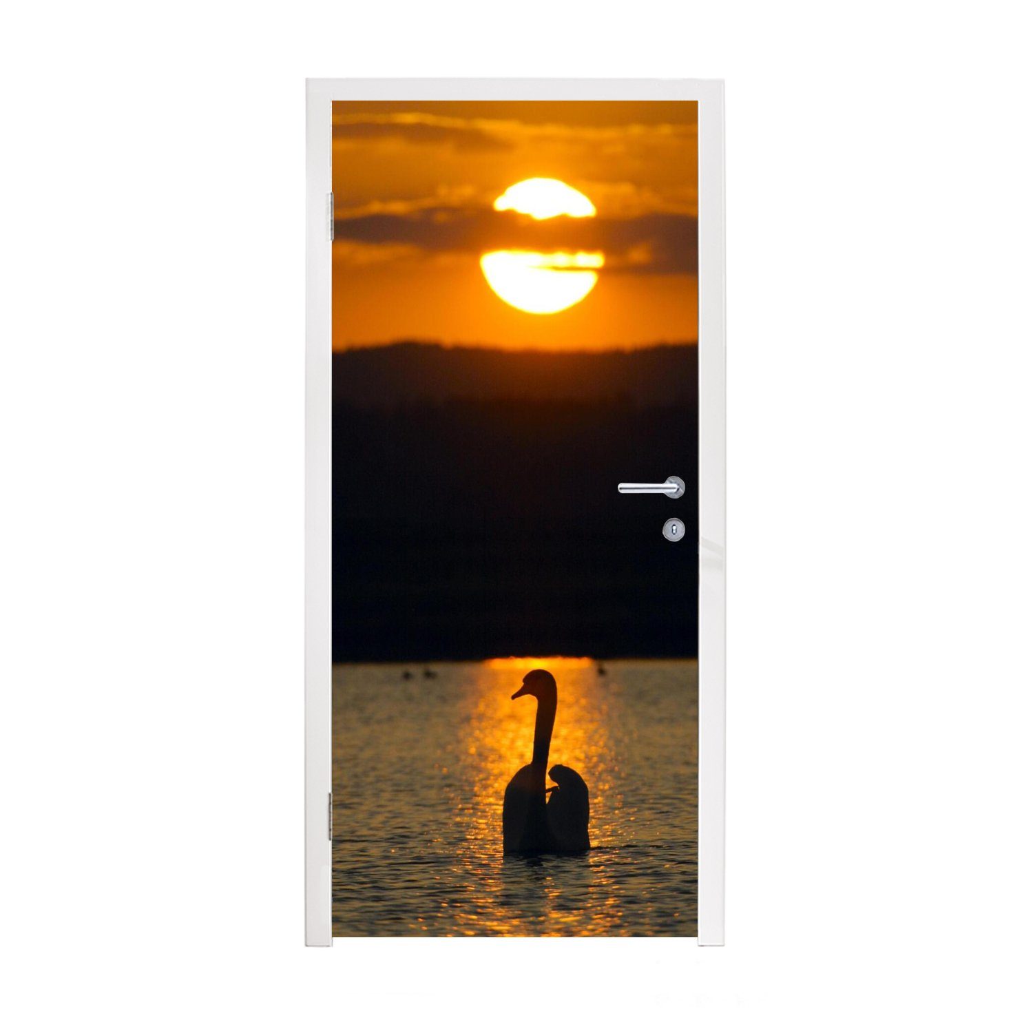 MuchoWow Türtapete Schwan - Sonnenuntergang, Matt, bedruckt, (1 St), Fototapete für Tür, Türaufkleber, 75x205 cm