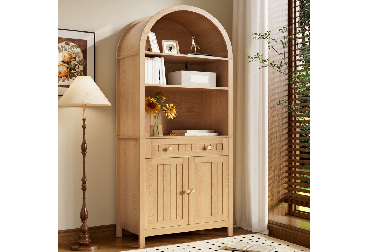 Merax Hochschrank mit Bogenfront, Küchenschrank mit Gewürzregalen (1-St) Sideboard mit Doppeltüren & Schublade,Aufbewahrungsschrank,76x40x180cm