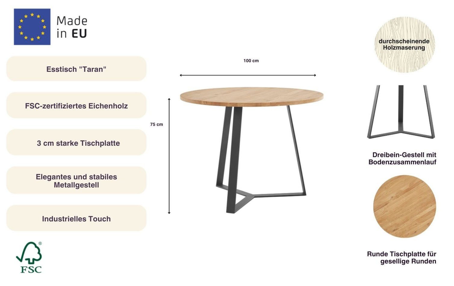 andas Esstisch Taran (Gesamtmaße D/H: 100/75cm)