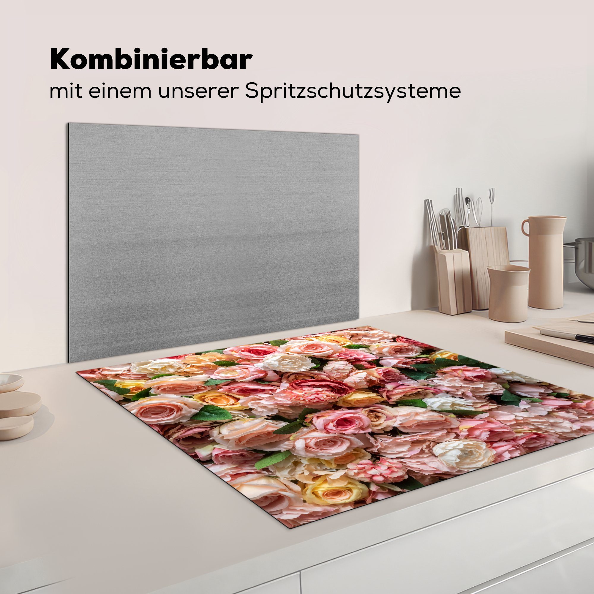 MuchoWow Farben Ceranfeldabdeckung, Vinyl, küche - 78x78 - Arbeitsplatte tlg), cm, für (1 Herdblende-/Abdeckplatte Wand, Rosen