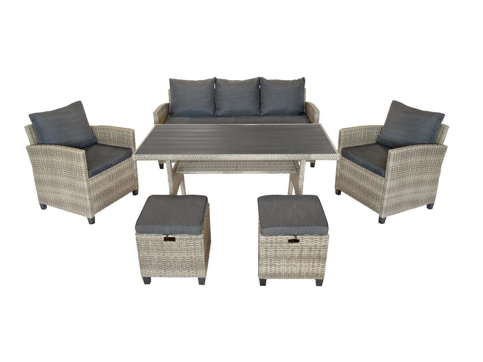 bellavista - Home&Garden® Gartenlounge-Set Rattan Gartenmöbel Dininglounge Set Madeira II grau, (Set, 6-tlg), Tischplatte mit Holzoptik, für bis zu 7 Personen
