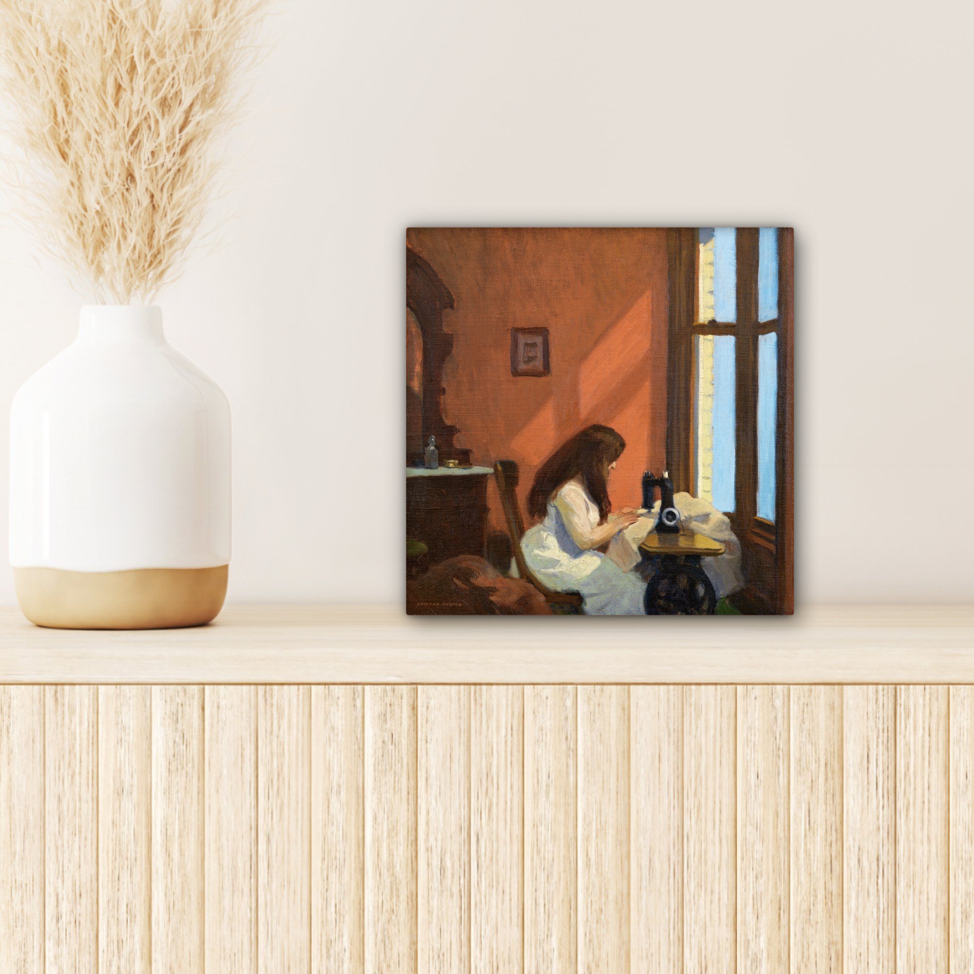 OneMillionCanvasses® Leinwandbild Mädchen Nähmaschine für (1 Hopper, Edward St), 20x20 - Schlafzimmer, an Leinwand der Wohnzimmer Bilder cm