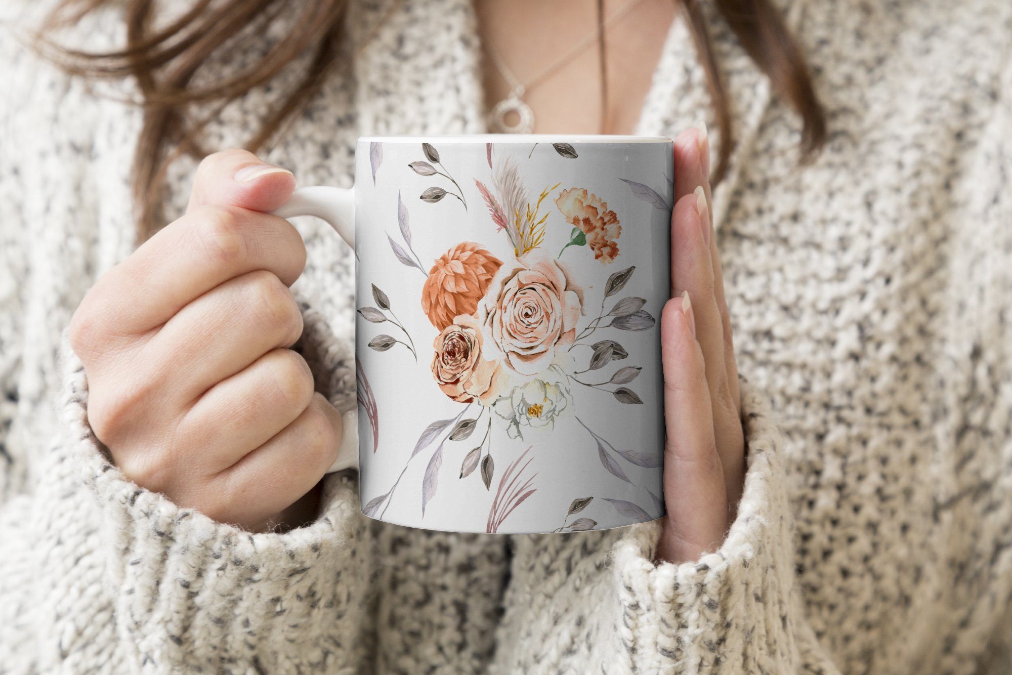 MuchoWow Muster - Tasse Blumen Kaffeetassen, Becher, Teetasse, Keramik, Rose Weiß, Teetasse, - - Geschenk