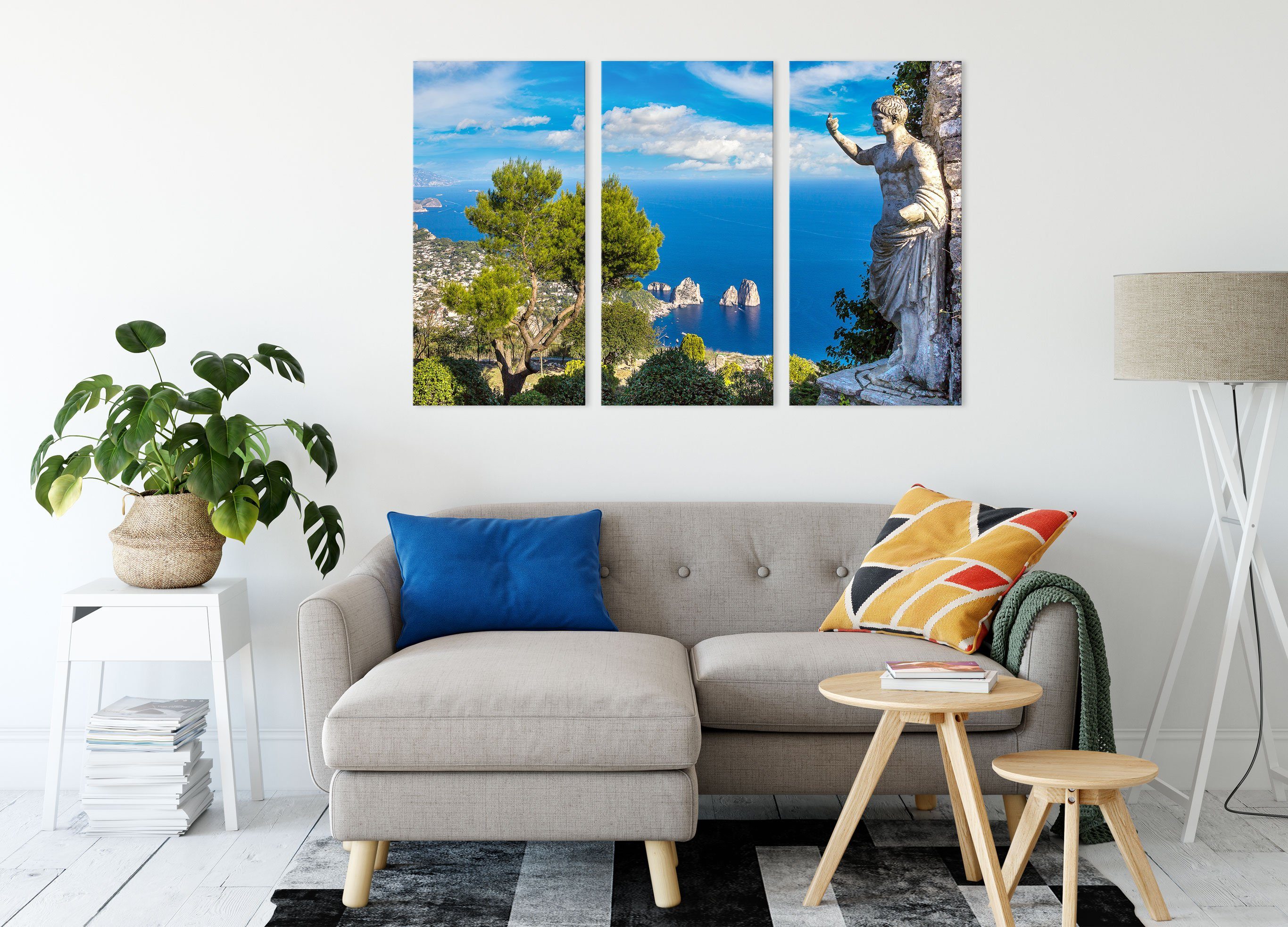 (120x80cm) Capri fertig Pixxprint Zackenaufhänger Insel bespannt, in Insel in St), (1 Italien Leinwandbild 3Teiler Capri inkl. Italien, Leinwandbild