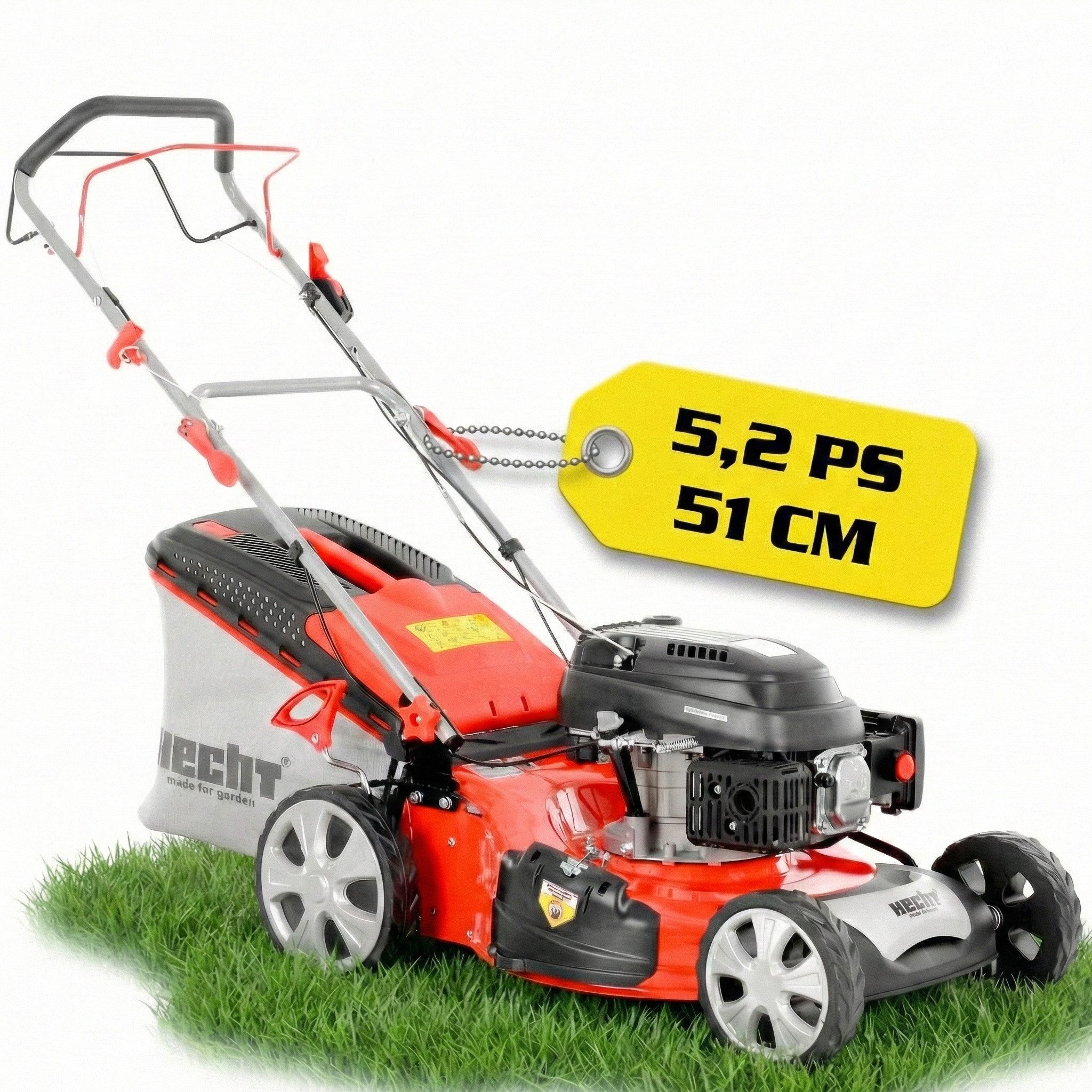 Hecht Benzinrasenmäher 551 SX 5in1 mit Radantrieb Stahlgehäuse, 51 cm Schnittbreite, 5,2 PS, 25-75 mm Schnitthöhe, 65L Fangkorb