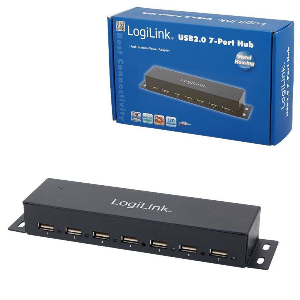LogiLink UA0148 USB 2.0 Hub USB-Adapter, mit 7-Ports, montierbar, aus Metall, mit LED Anzeige