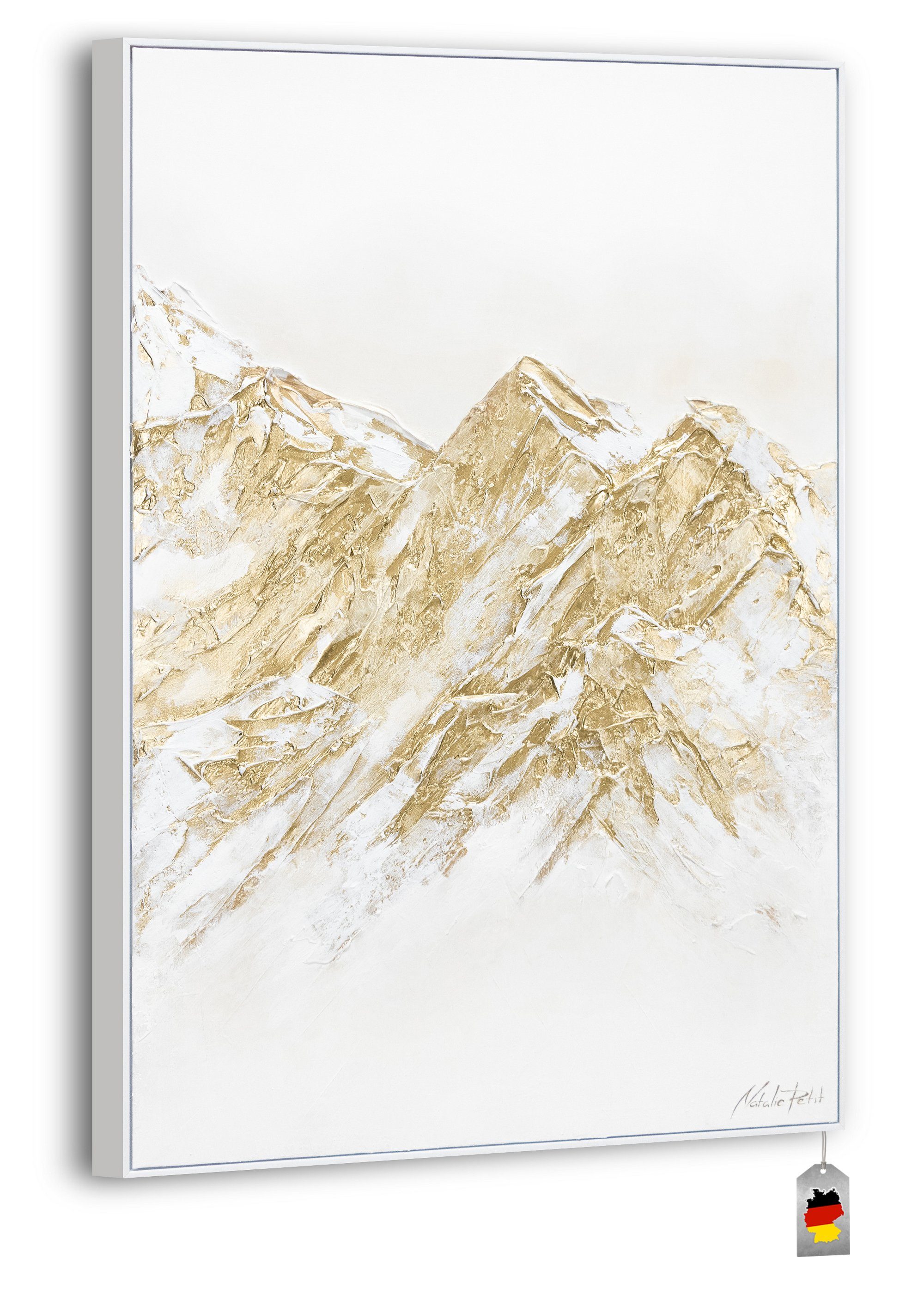 YS-Art Gemälde Zugspitze, Vertikales auf Handgemalt mit Rahmen Goldener Berg Bild Leinwand