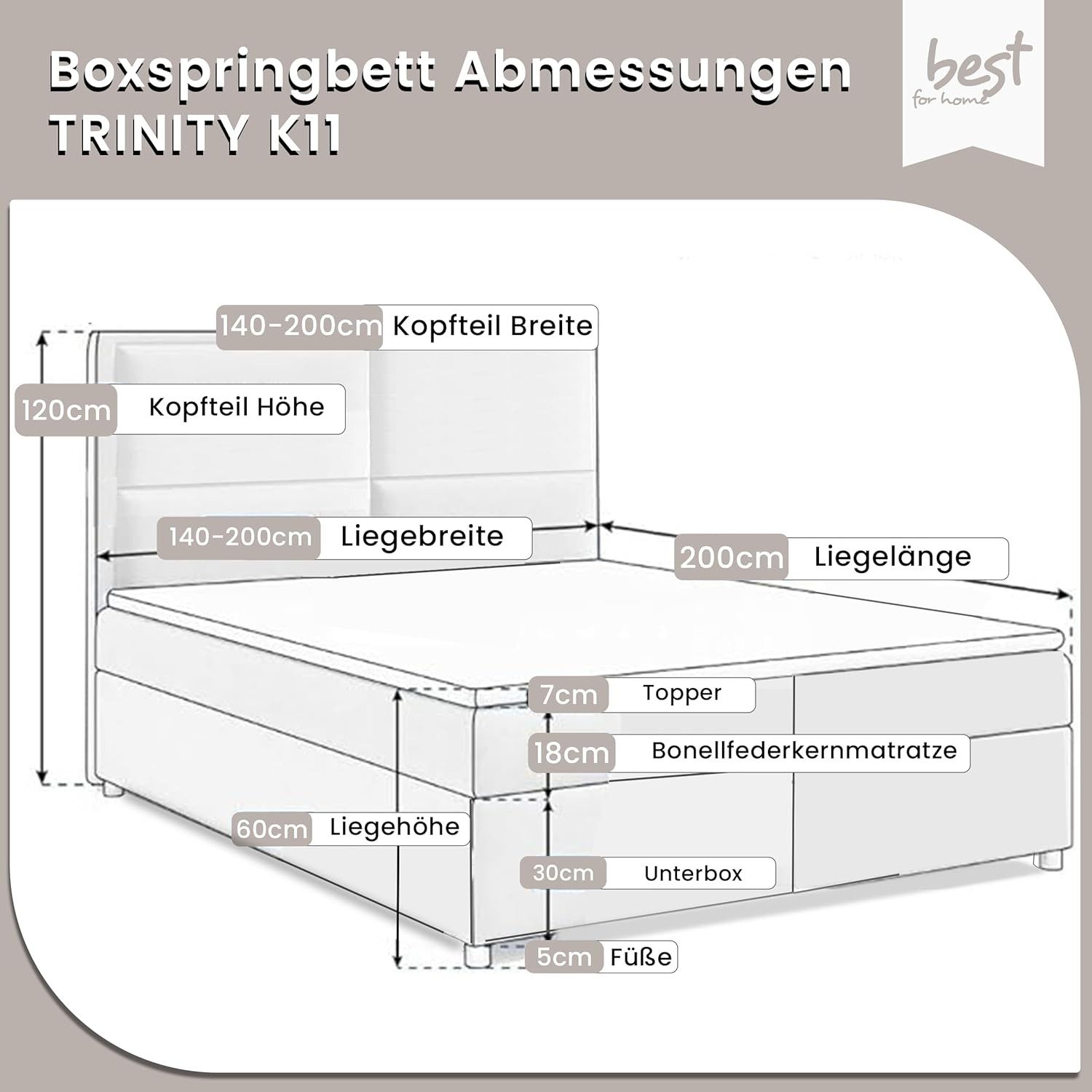 Best for Home Boxspringbett Trinity K-11 mit zwei Bettkasten und Komfort Topper H3 (Polsterbett Doppelbett Boxbett mit gepolstertes Kopfteil, versch. Größen, 140x200 160x200 180x200 200x200 cm), Handwerksqualität