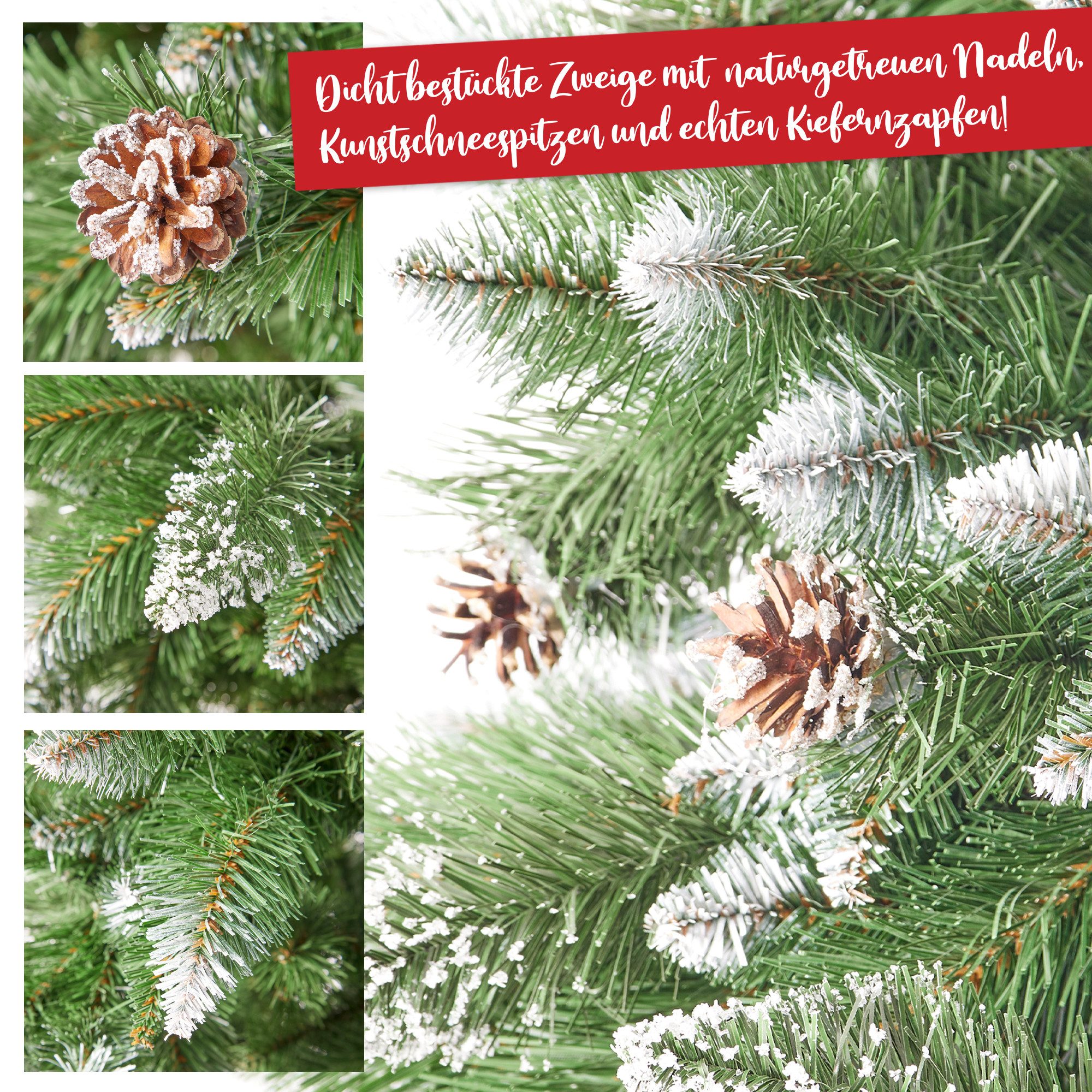 Onbest Künstlicher Weihnachtsbaum PREMIUM mit Schnee Effekt Deko Grün PVC, Künstlicher Weihnachtsbaum, massiver Holzständer, Werkzeugloser Aufbau, Tannebaum Weihnachten