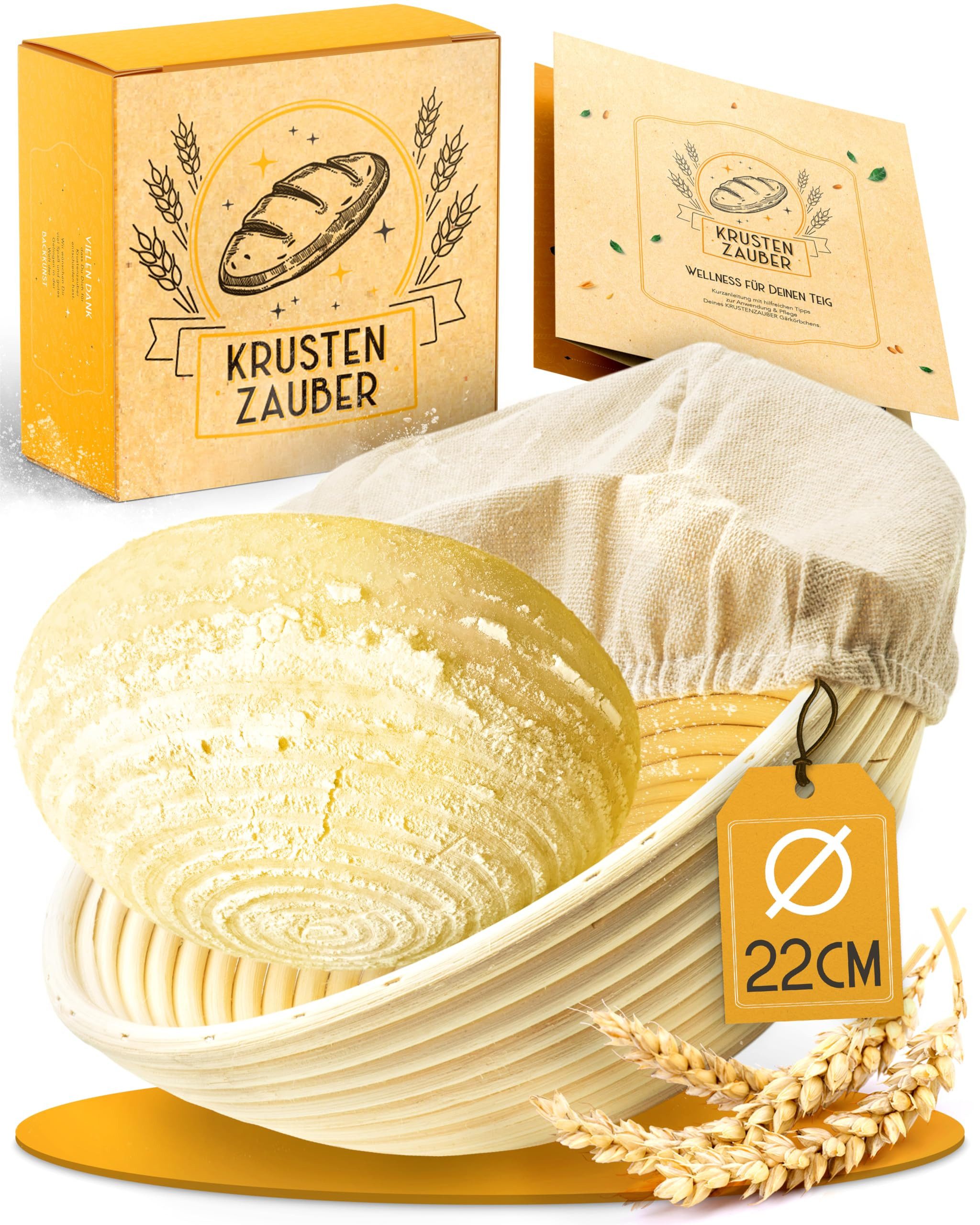 Krustenzauber Gärkorb Расстойные корзины zum Brotbacken - Gärkorb aus Rattan mit Gärtuch, (Brot Backen Zubehör, Brotkorb, Brotbackform, Sauerteig Zubehör), Gärfolie Brot, Brotkörbchen