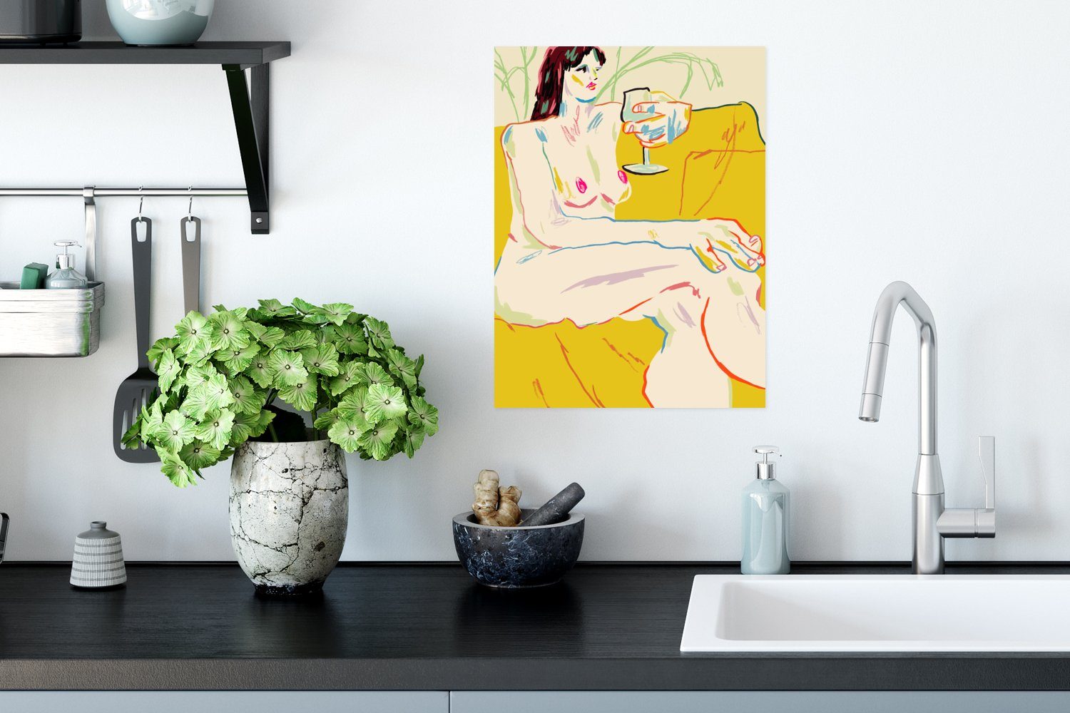 Kunst - MuchoWow - (1 St), Frau Rahmen Weinglas Poster, Wohnzimmer, Poster Wandbild, Ohne für - Wandposter Gelb,