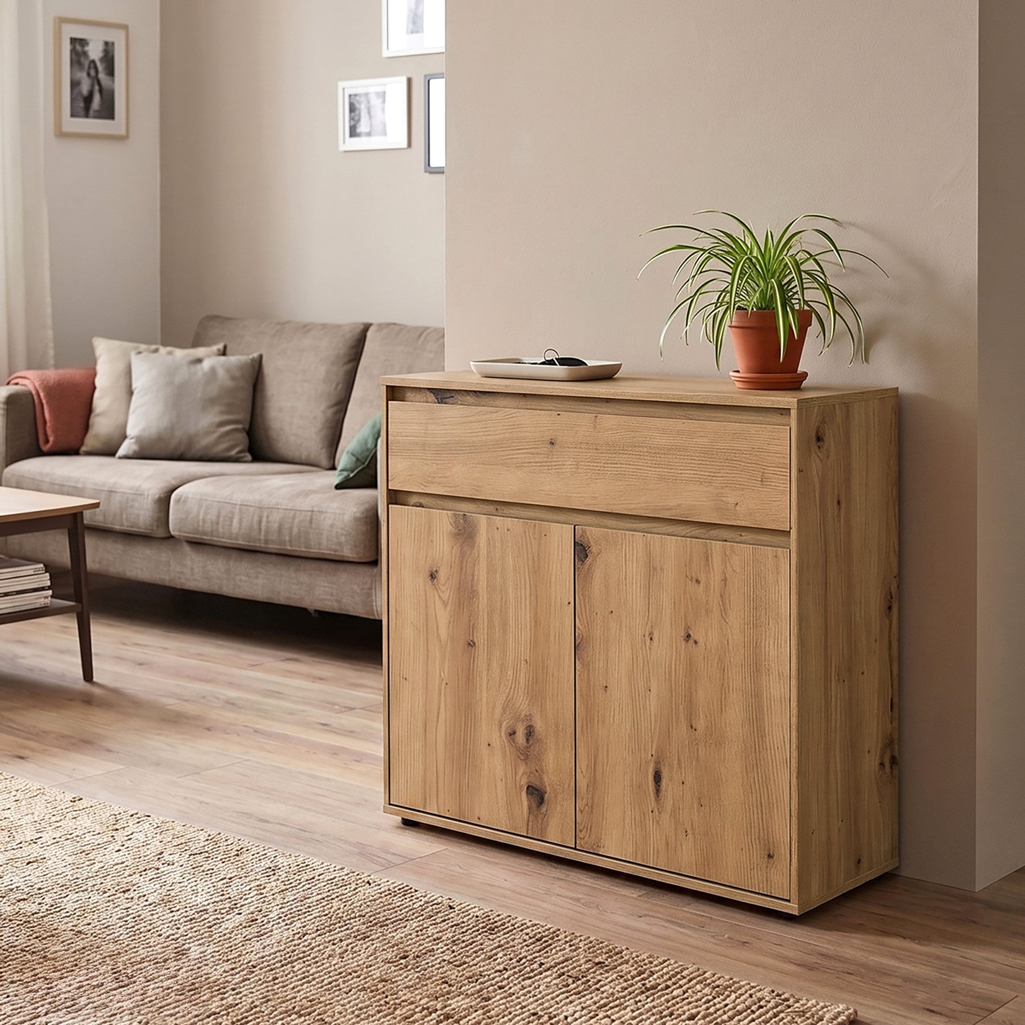 Lomadox Kommode ZOLLINO-129, in Eiche, 92 cm breit mit 2 Türen & 1 Schublade