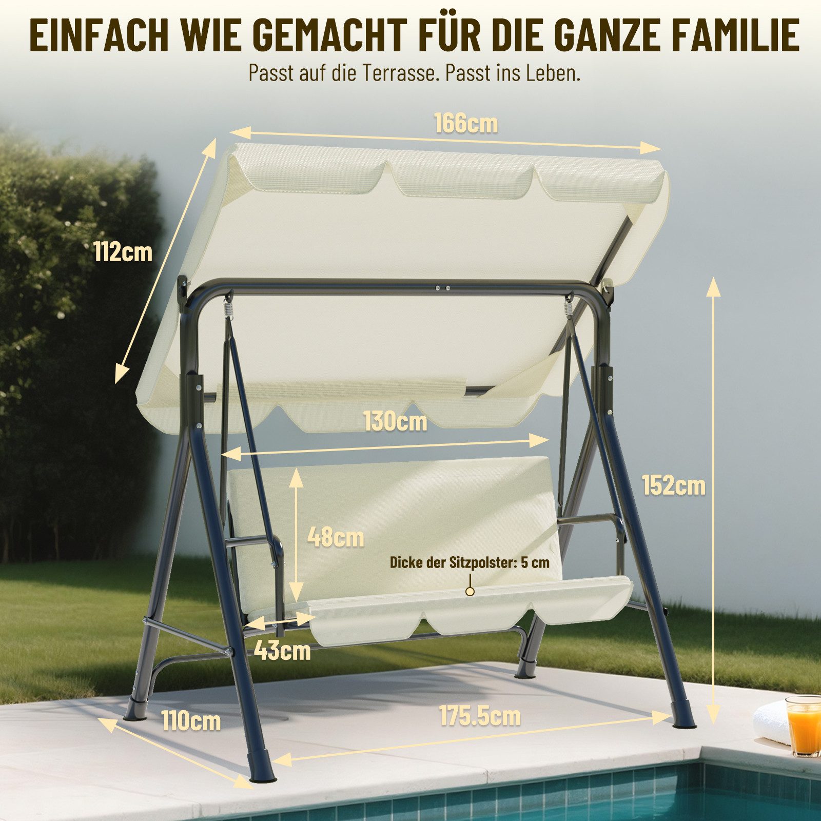 Huracan Hollywoodschaukel 3-Sitzer, Gartenschaukel mit Verstellbarem Sonnendach, 3-Sitzer, 175.5*110*152cm-Klassiker, UV-Schutz Wetterfest, Schaukelbank 220kg Belastbar
