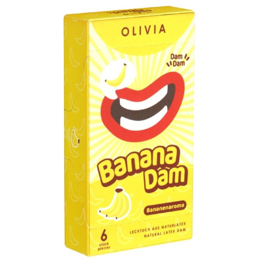 Olivia Kondome Olivia Dams, aromatisierte Lecktücker für hygienischen Oralverkehr Variante: Banana, 6 St., farbige Lecktücher mit Aroma - gelb mit Bananen-Duft