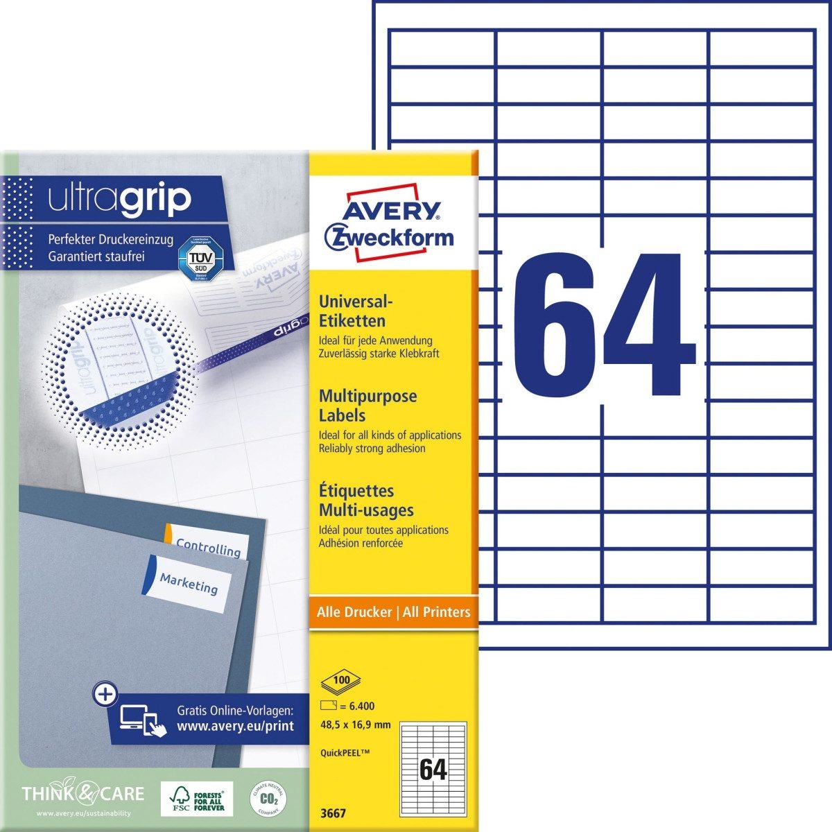 Avery Zweckform Etiketten Universal-Etiketten ultragrip 48,5x16,9 mm VE=6.400 Etiketten / 100 Bo