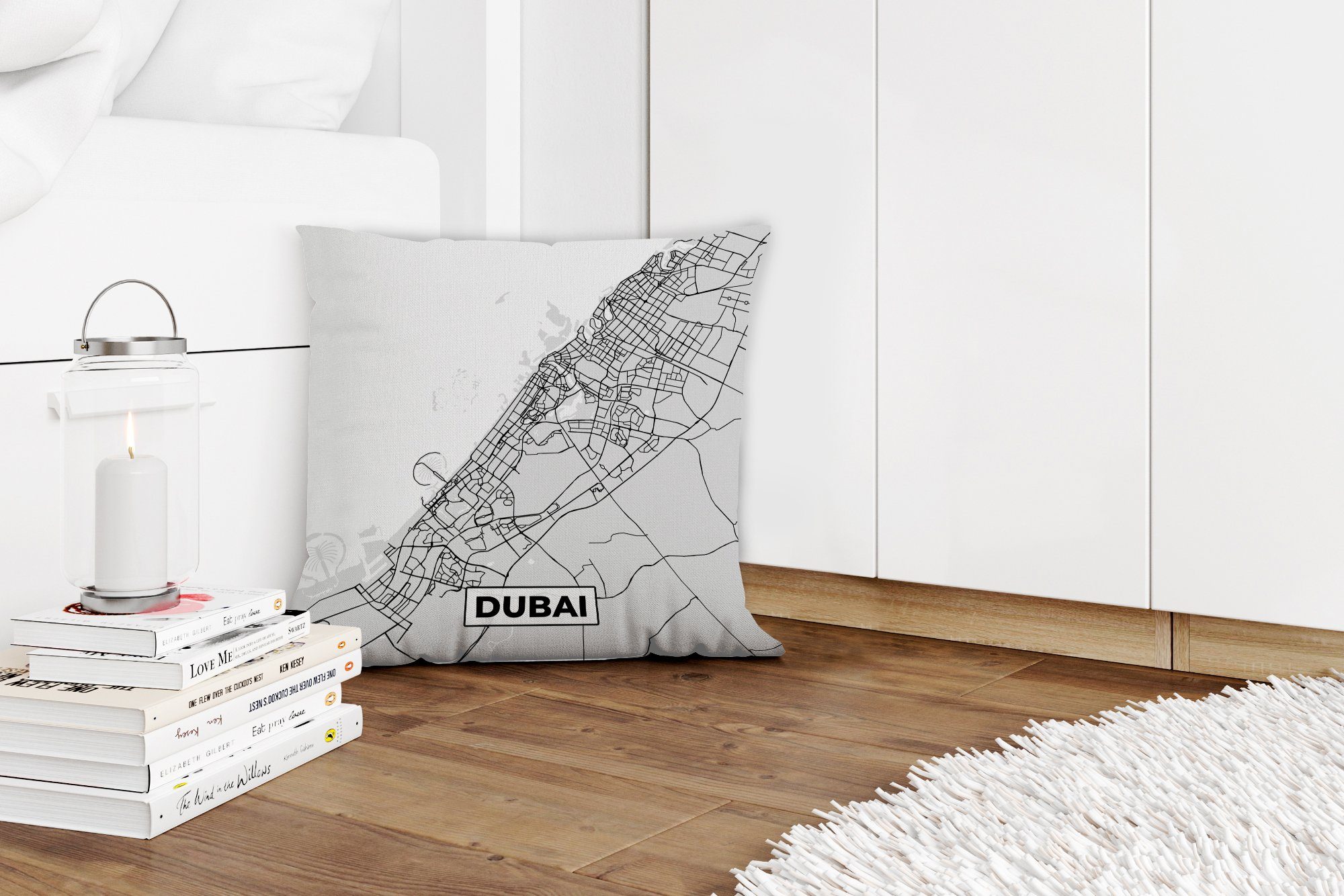 Karte, Füllung - Sofakissen MuchoWow Deko, und Dekokissen mit Schlafzimmer, Schwarz Weiß Wohzimmer, - - für Dubai Stadtplan Zierkissen