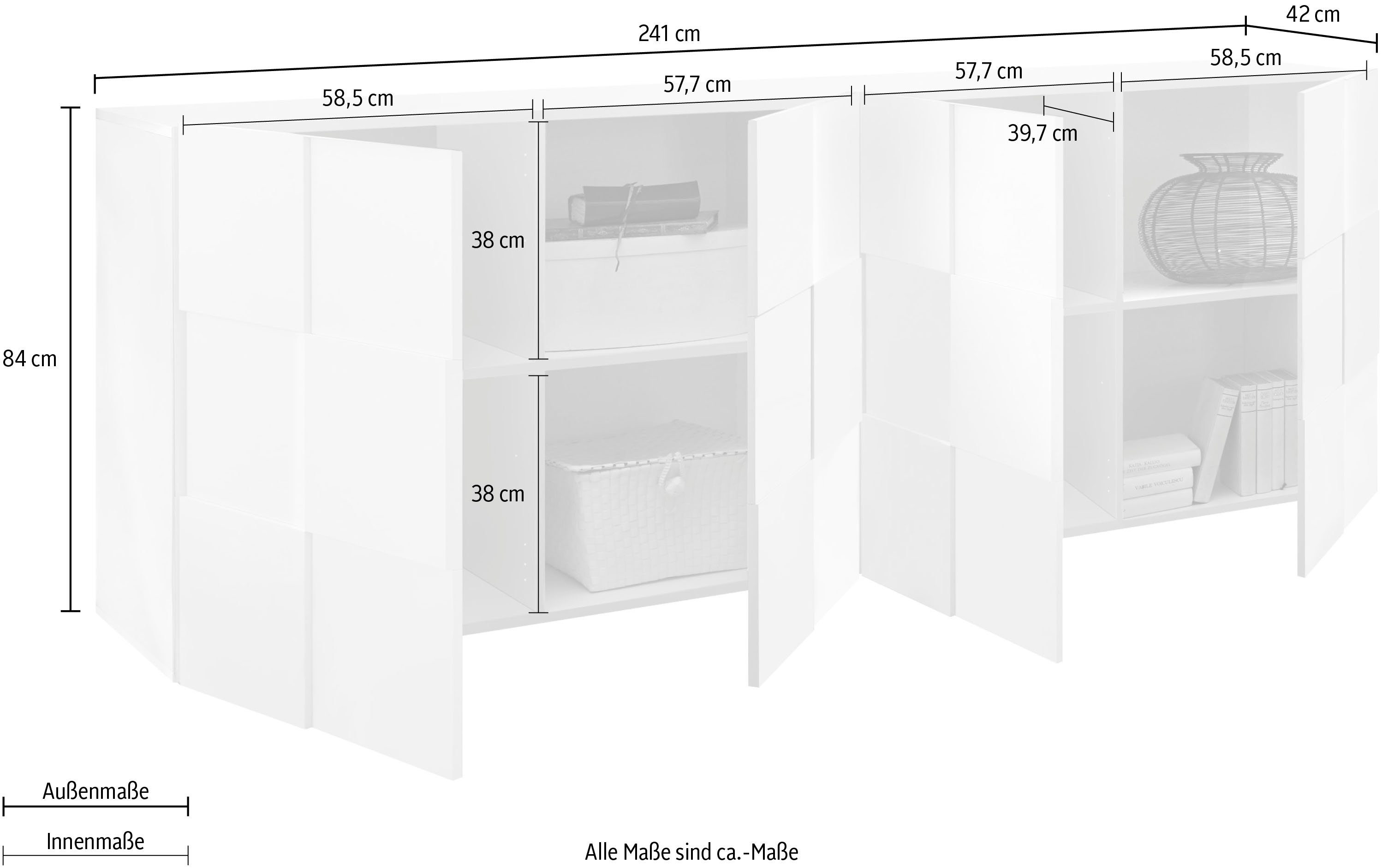 Home affaire Sideboard Dama Breite 241, Kommode 4 Türen, Anrichte, Front in 3D-Optik, viel Stauraum, verschiedene Farben