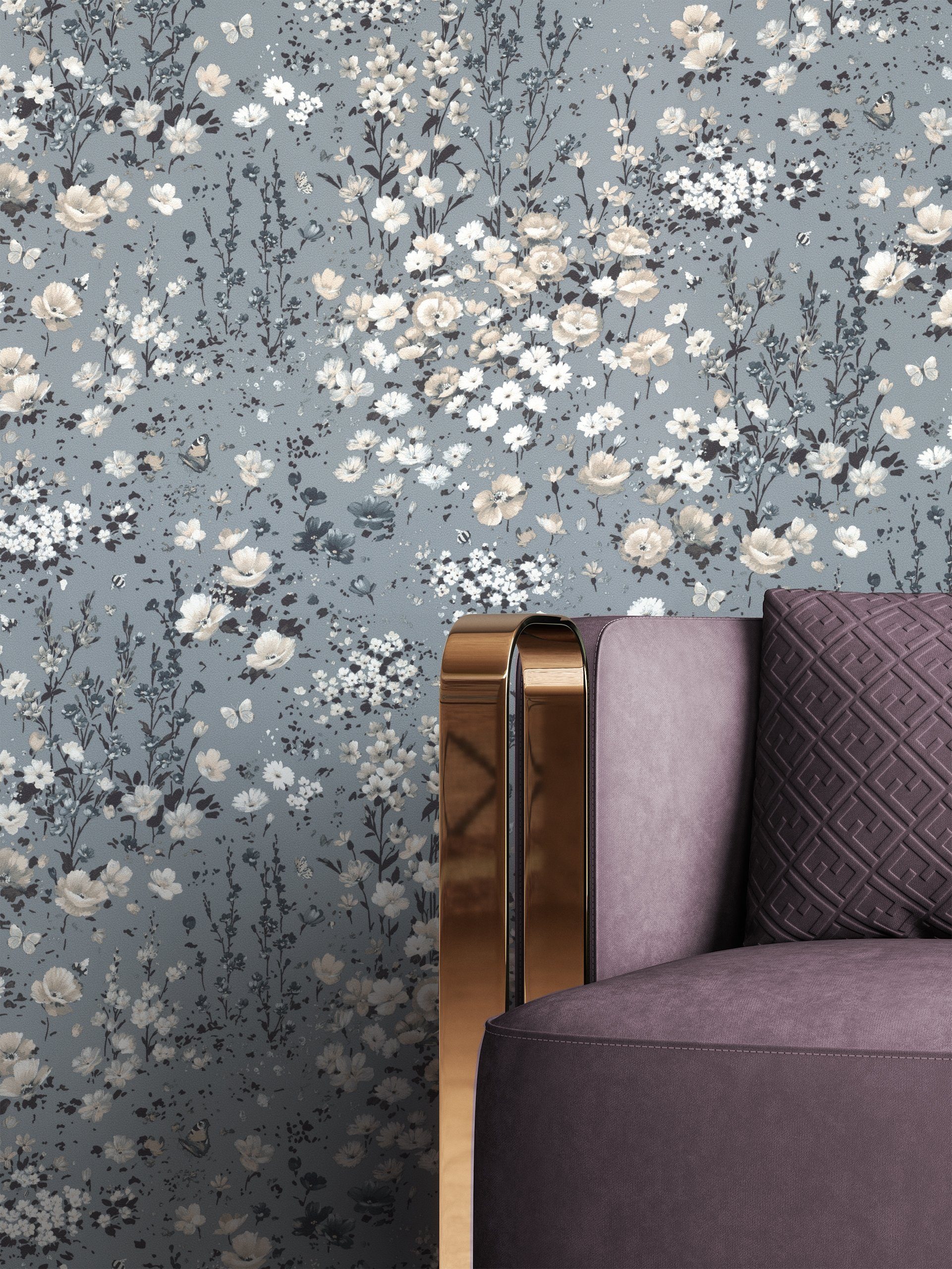 Newroom Vliestapete Lavant Tapete Blumentapete Blumen,Blüten,Wiese, Grau Tapete Landhaus Blumen - Blumentapete Beige Anthrazit Romantisch Floral Blüten Wiese für Wohnzimmer Schlafzimmer Büro, modern