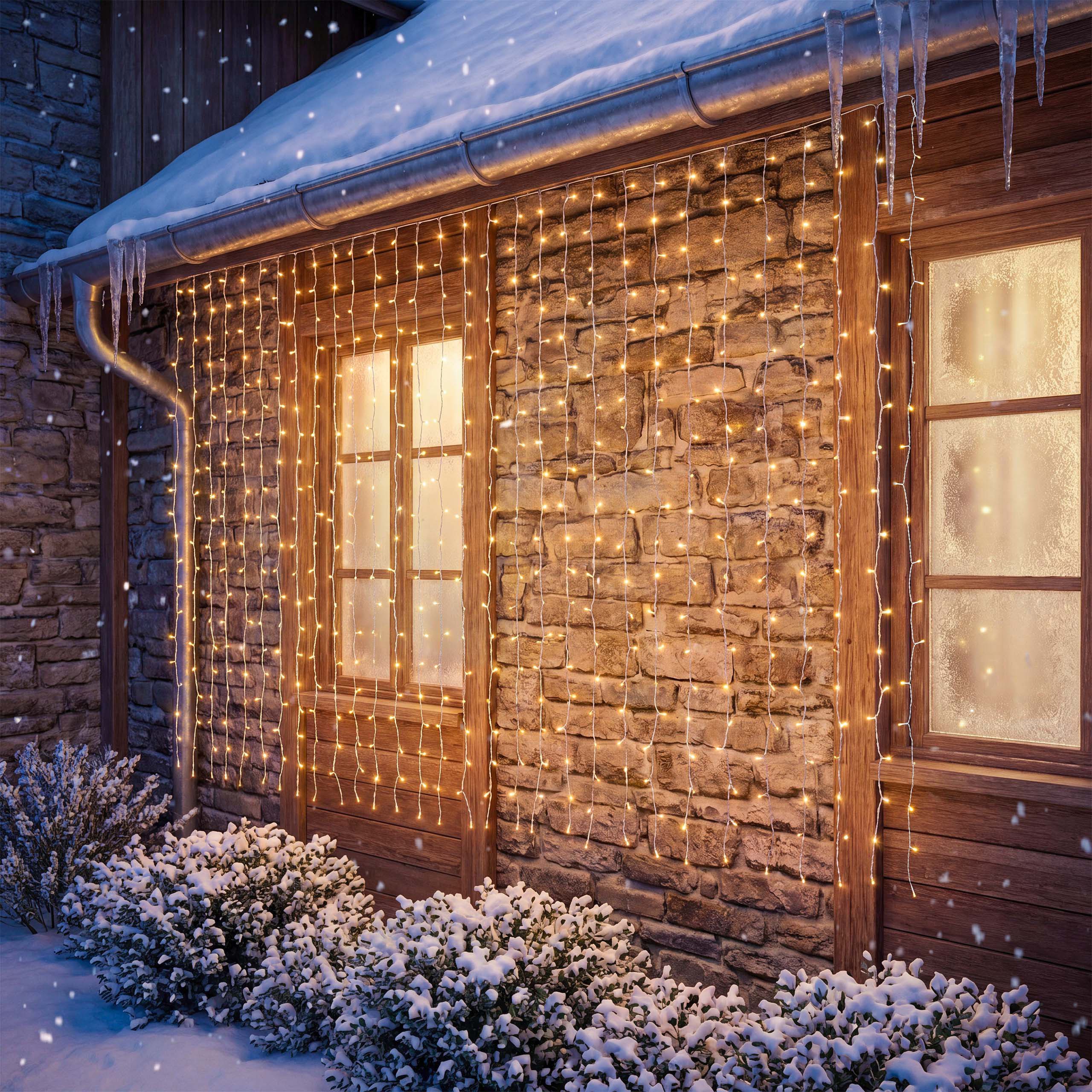 OTTO home LED-Lichtervorhang mit 100/200/400 o. 600 LEDs, warmweiß, Timer, Indoor, Outdoor, Garten, weiße Kabelfarbe, IP44, Timer, 5 m Zuleitung, innen, außen, Balkon