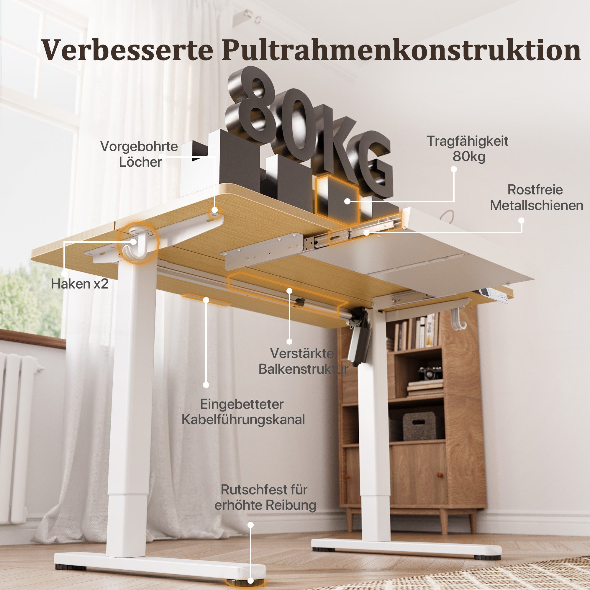 Claiks Schreibtisch Elektrischer Höhenverstellbarer Schreibtisch mit Schublade (1-St), mit 3-Memory, 2 Kopfhörerhaken, 140x60cm, Beige – Bild 3 von 5