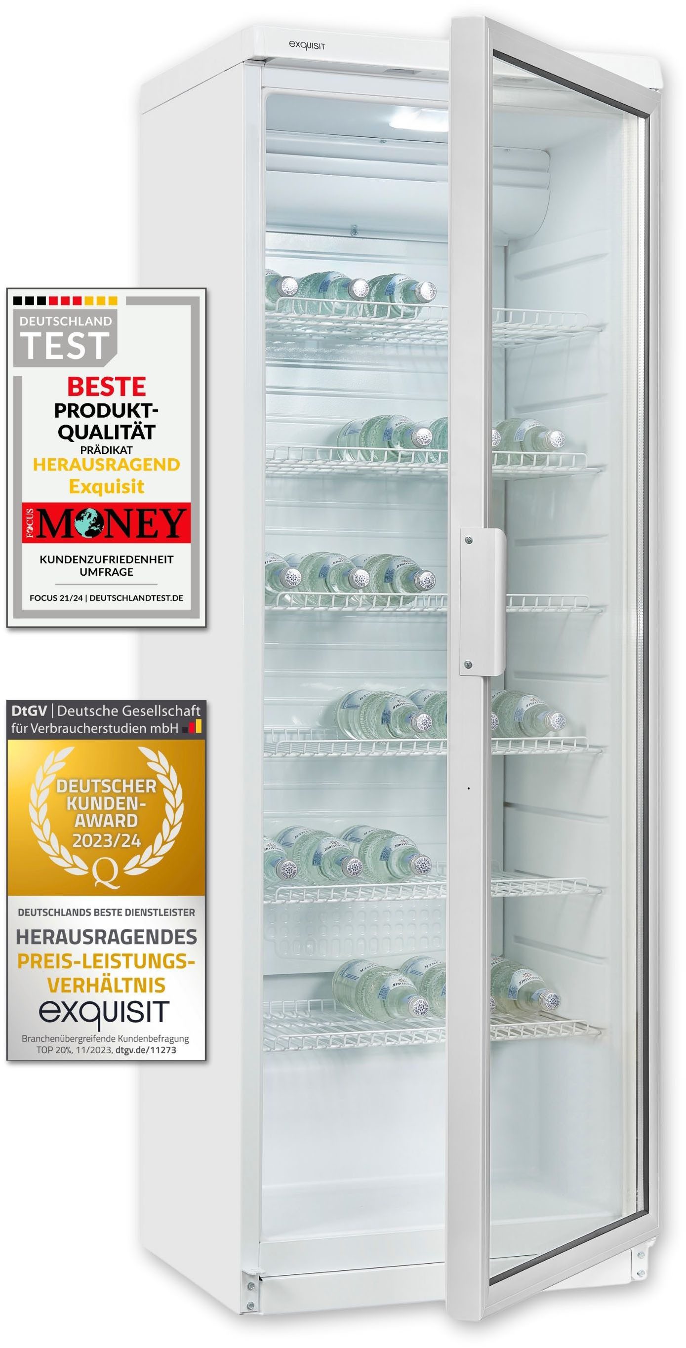 exquisit Getränkekühlschrank GKS350-1-GT-280D weiss, 173 cm hoch, 60 cm breit, 6 robuste Gitterablagen zur Lagerung von Flaschen oder Getränkekisten