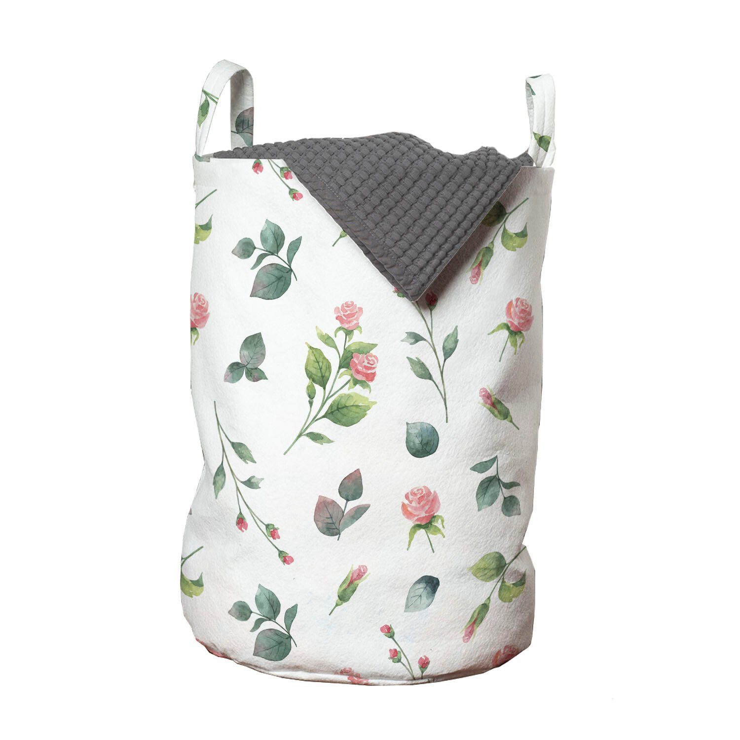Wäschesäckchen mit Kordelzugverschluss Griffen für Aquarell-Rosen-Blatt Blumen Waschsalons, Wäschekorb Abakuhaus