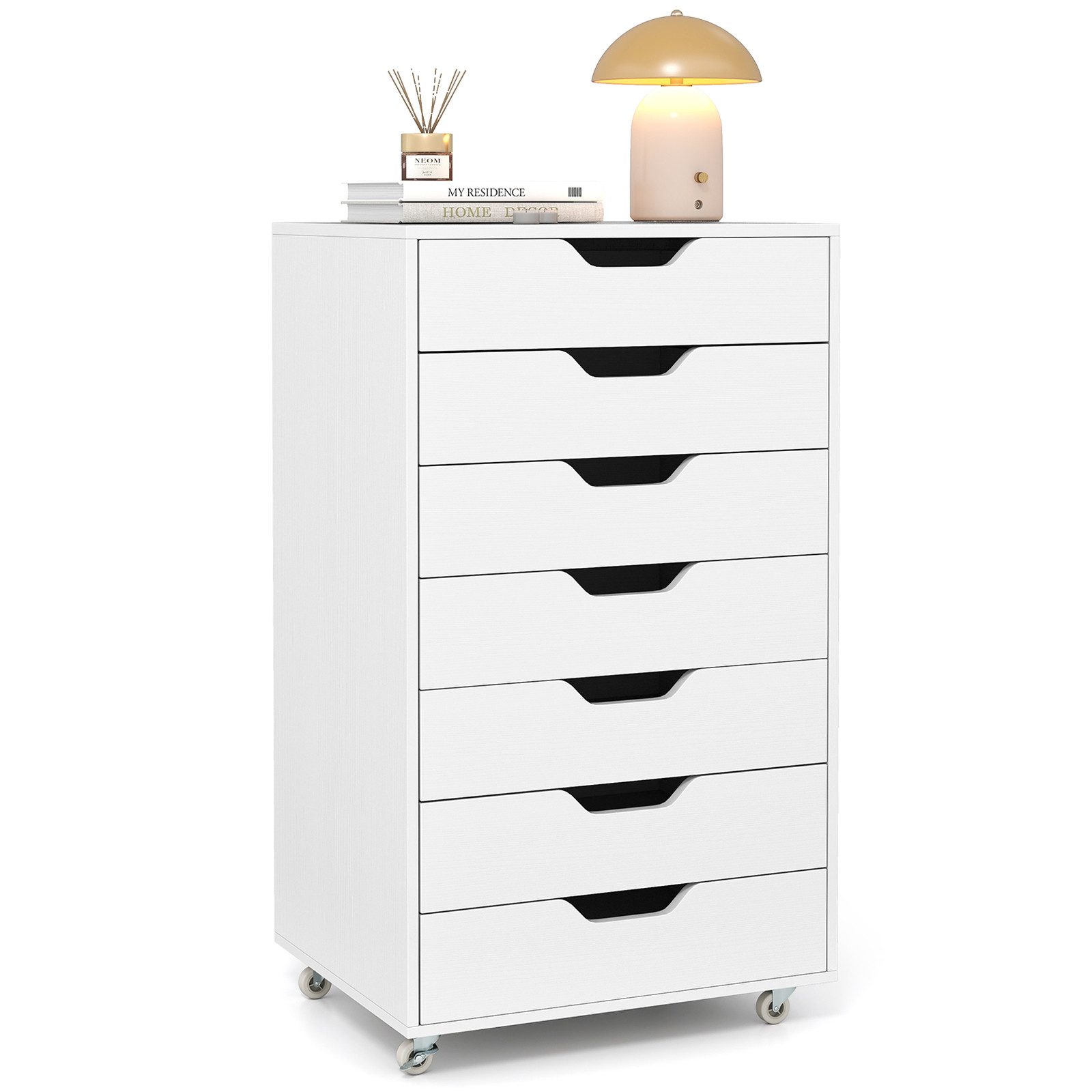COSTWAY Rollcontainer, mit 7 Schubladen Aktenschrank mit Rollen weiß