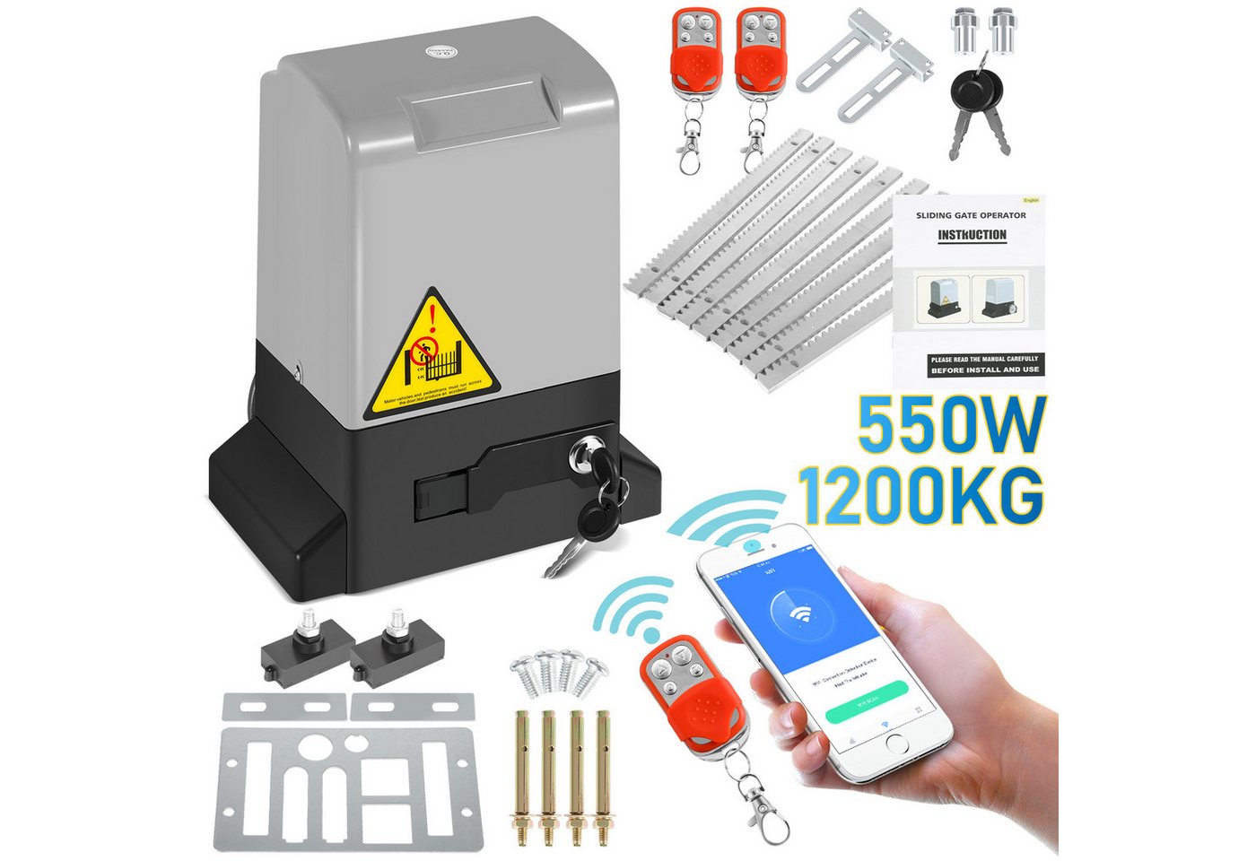 Clanmacy Schiebetorantrieb 550W Torantrieb Toröffner Motor 1200kg Schiebetor APP Komplett-Set, mit Gleitschiene, (IP44 wasserdicht, mit 2 orangen Schlüssel und 1 Fernbedienung), Betriebene Türen Eisenwaren