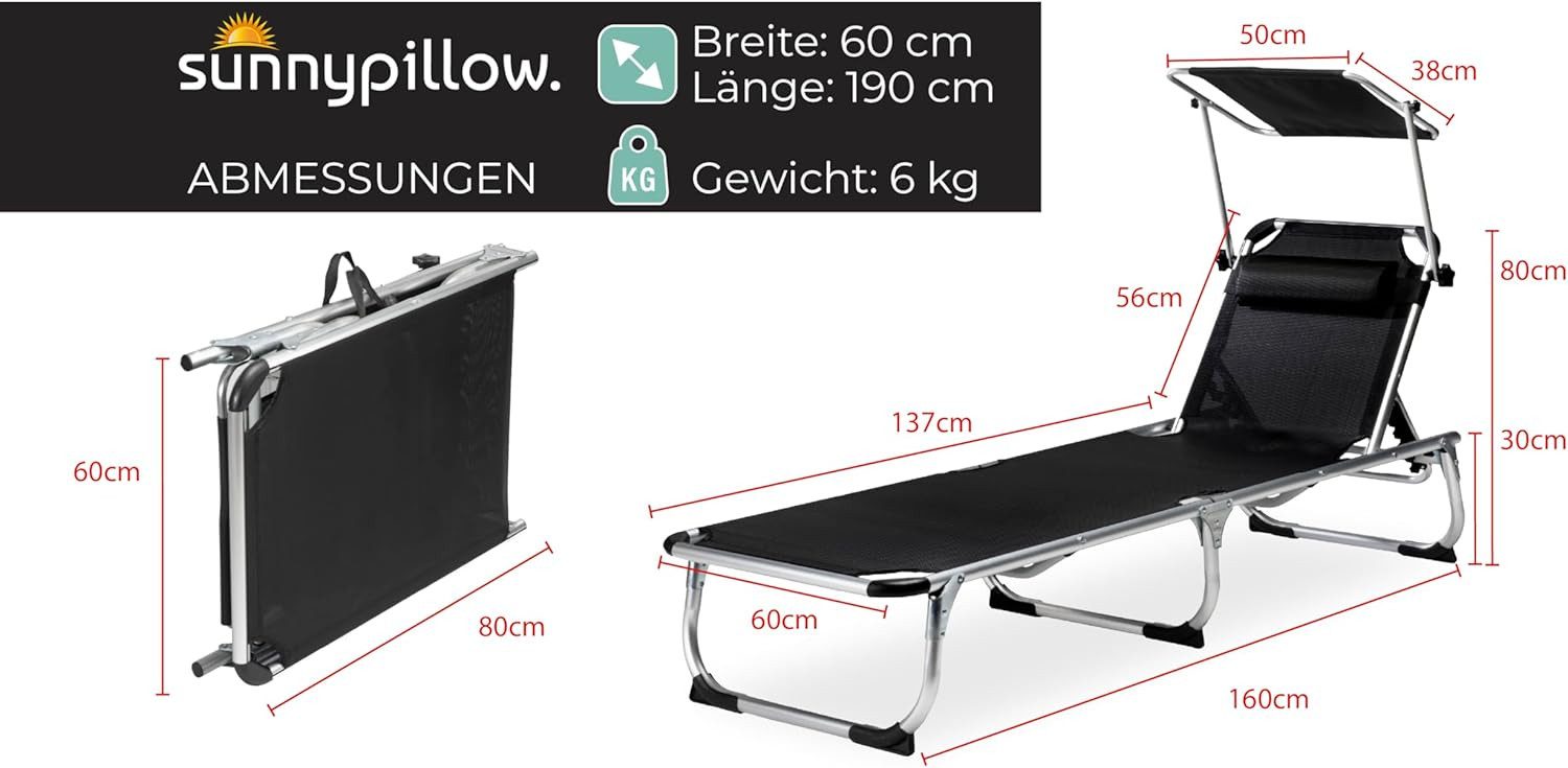 sunnypillow Gartenliege Sonnenliege mit Dach aus Aluminium für Garten Balkon Terrassen, 2 St., 2er Set