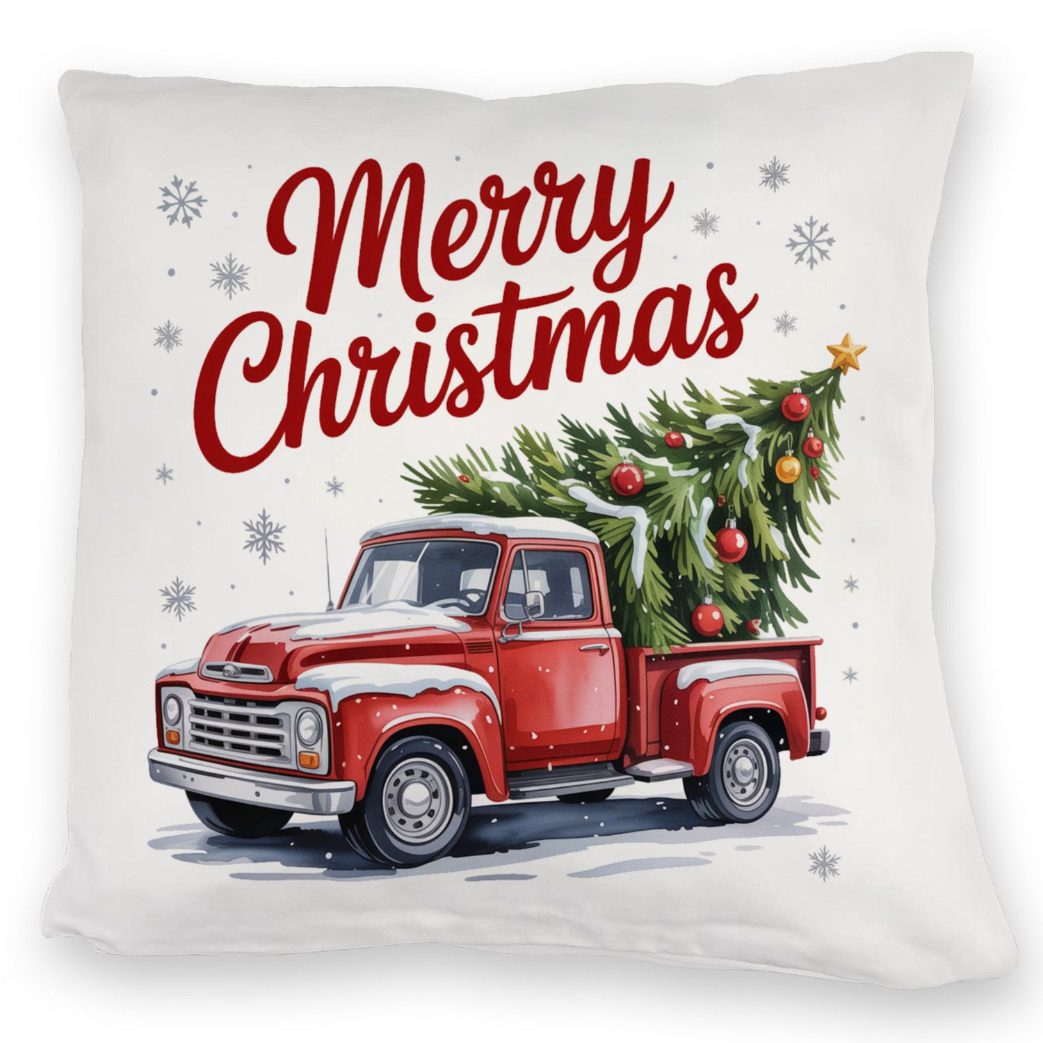 speecheese Dekokissen Merry Christmas Kuschelkissen mit Rotem Truck und Weihnachtsbaum
