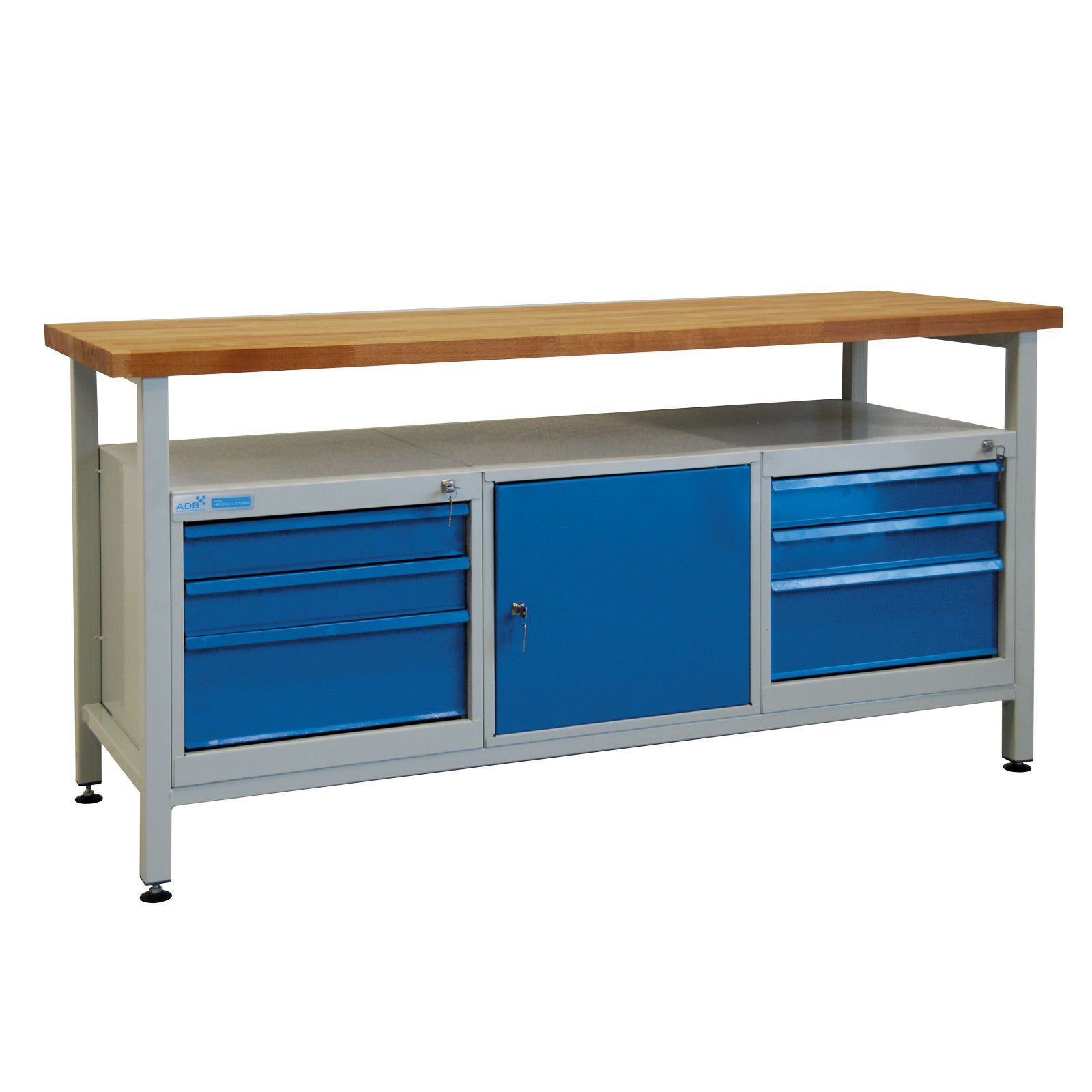 Werkbank Lichtblau Rhino mit PROREGAL® Werkbank Tür, 1 Grau/Blau + Giant Ablagefach + Schubladen 6