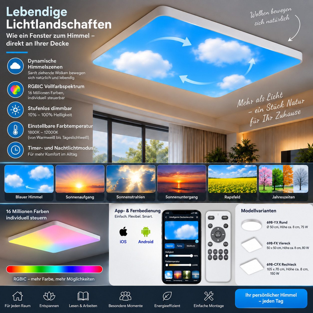 Eurohandisplay LED Deckenleuchte LED Deckenleuchte 698 RGBIC dynamische Himmel- & Naturlichteffekte, LED fest integriert, RGBIC, Neutralweiß, Kaltweiß, Warmweiß – Bild 5 von 5