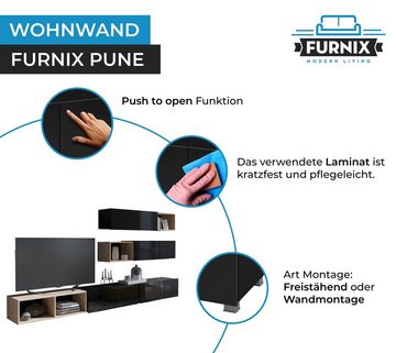 Furnix Wohnwand PUNE25 Mediawand 7 teilig 300 cm breit Hochglanz, unteres Segment stehend oder hängend- Stellfüße inklusive, ohne LED