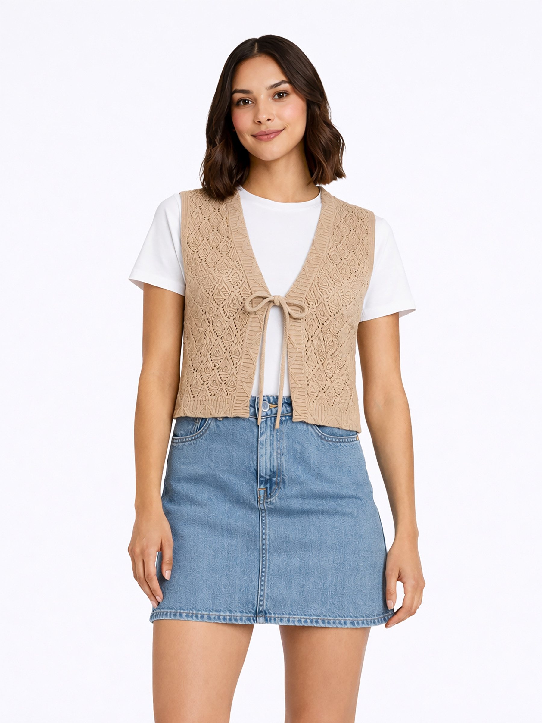 ONLY Cardigan Ärmellos V-Ausschnitt Häkelmuster Zierschleife Design (1-tlg) ONLCHILI S/L STRING VEST KNT NOOS