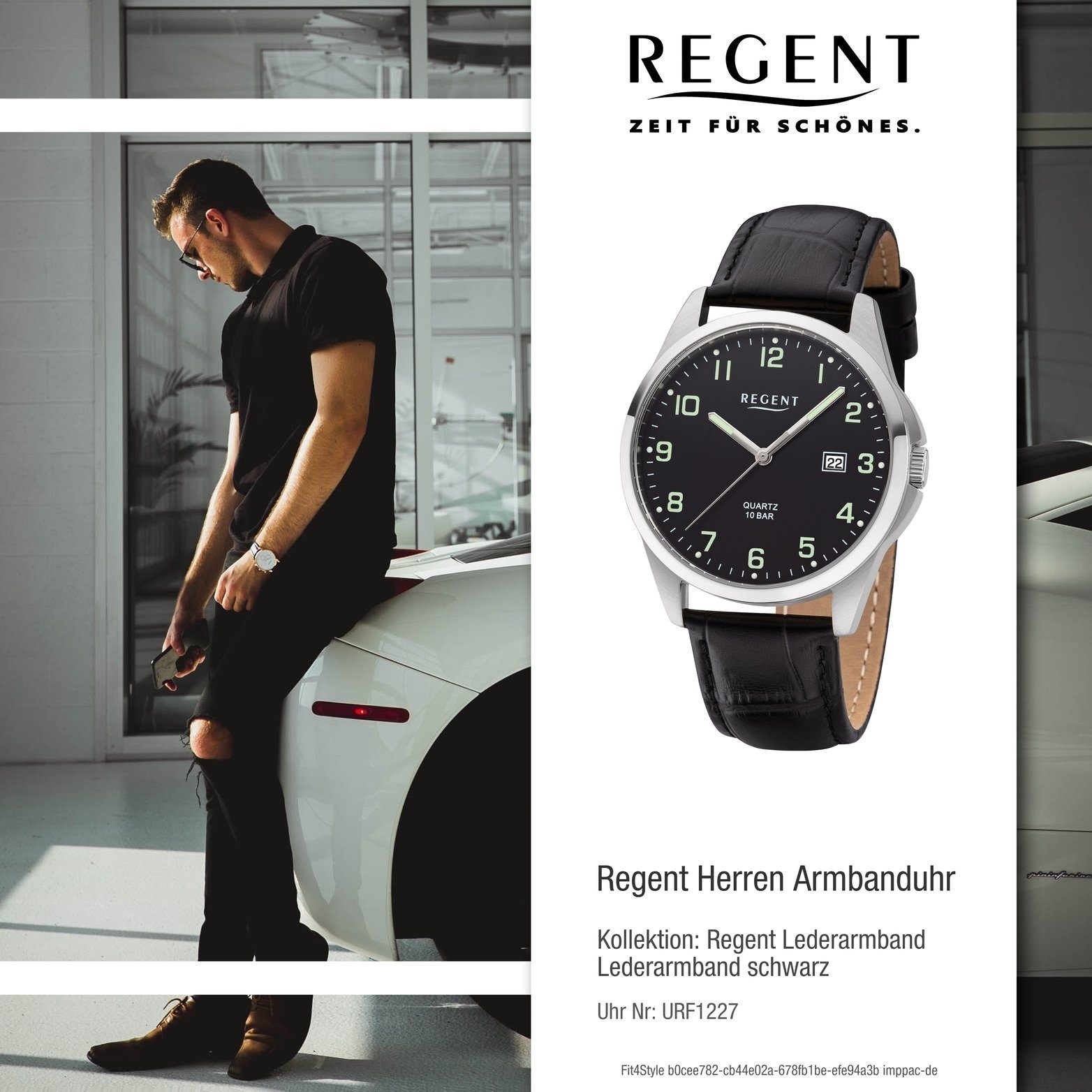 Regent Quarzuhr Regent Leder Herren Gehäuse, F-1227 36mm) schwarz, Lederarmband Analog, rundes (ca. mittel Herrenuhr Uhr