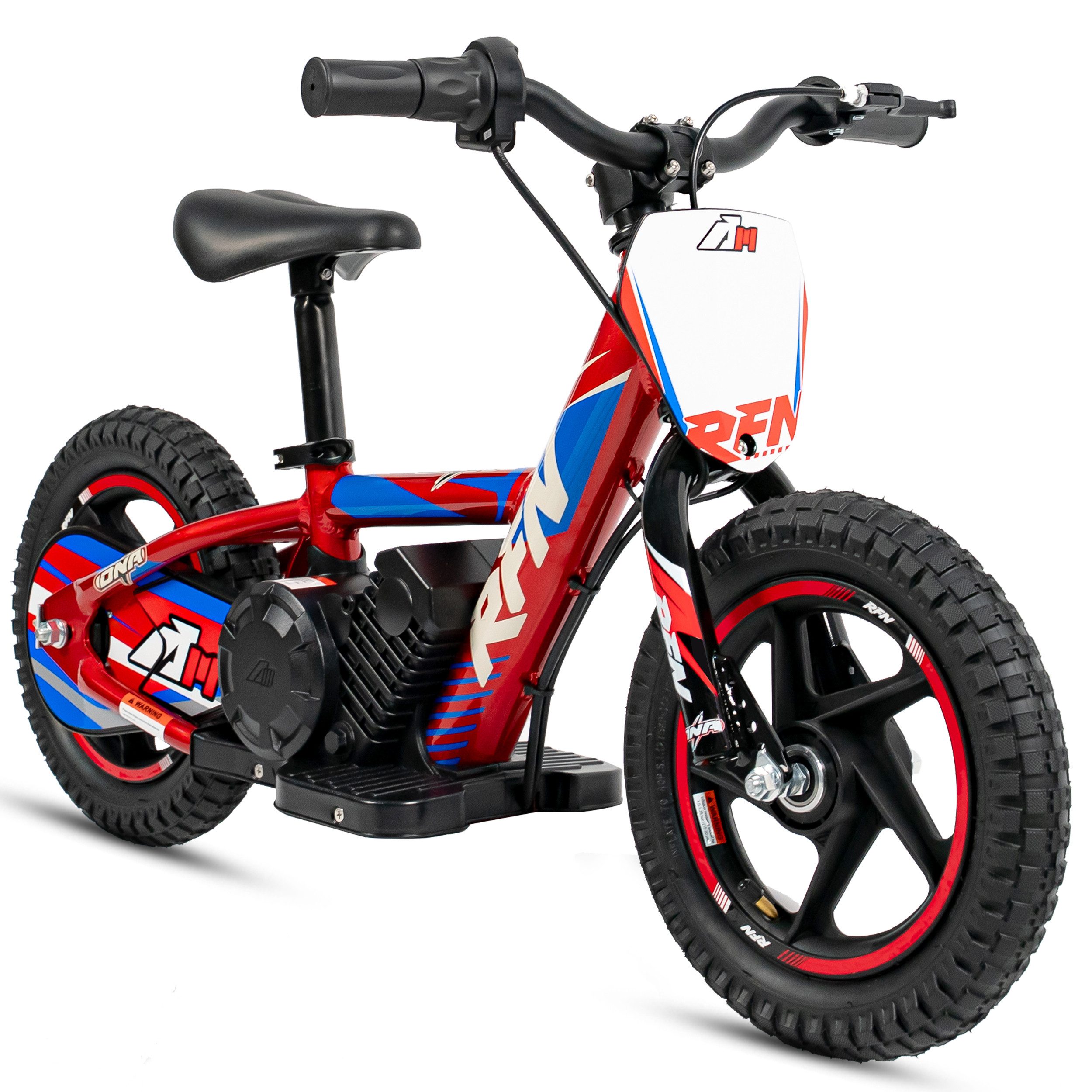 RFN Elektro-Kindermotorrad 100W, 12 Zoll E-Laufrad Kinder 3–6 Jahre, Belastbarkeit 50 kg, 2 Fahrstufen 13 km/h, 24V Akku bis 12 km Reichweite, Offroad Reifen