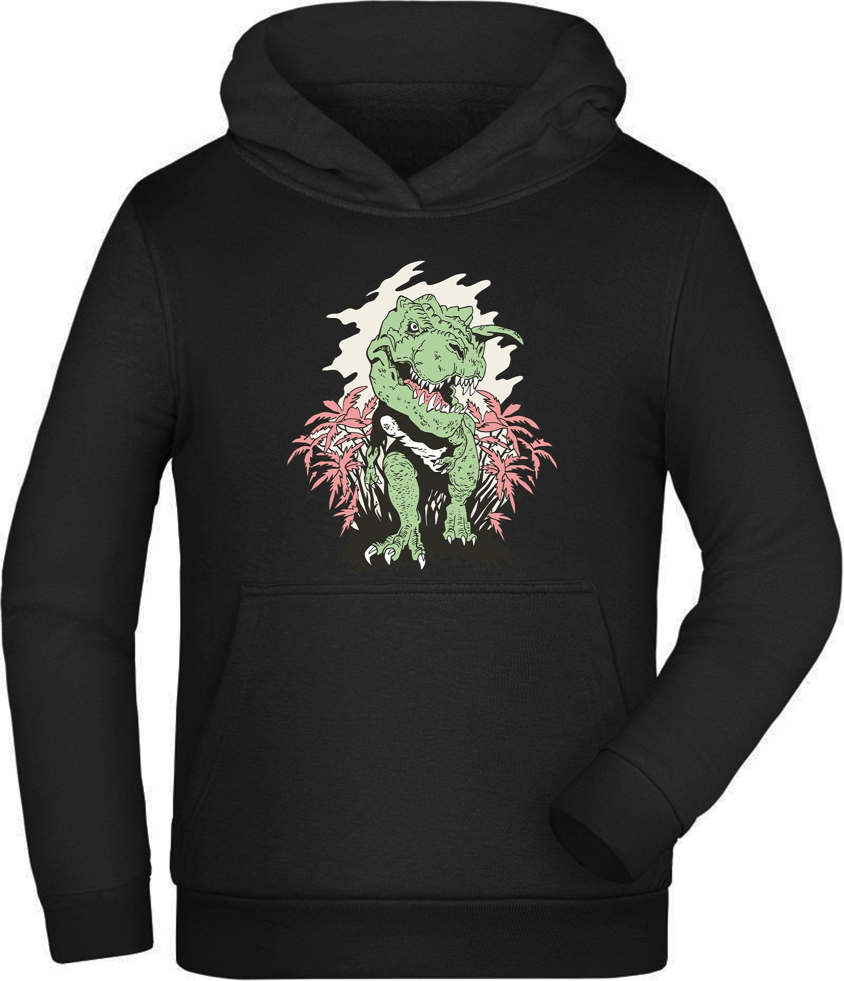 MyDesign24 Hoodie Kinder Kapuzen Sweatshirt - T-Rex der aus einem Busch kommt Kapuzensweater mit Aufdruck, i101