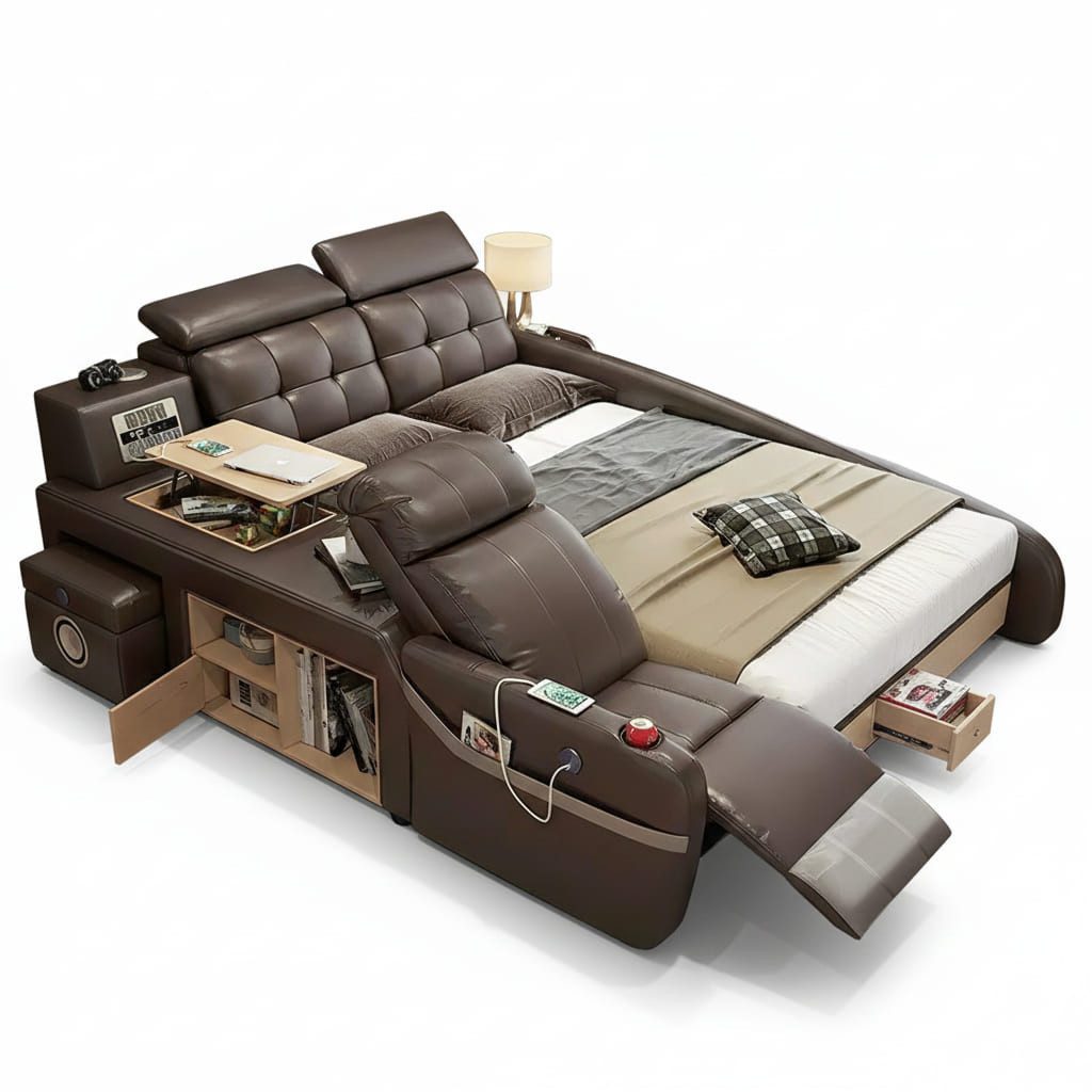 JVmoebel Multimediabett Multifunktionales Bett Moderner Stil in Braun Holzrahmen Entspannend (2-tlg)
